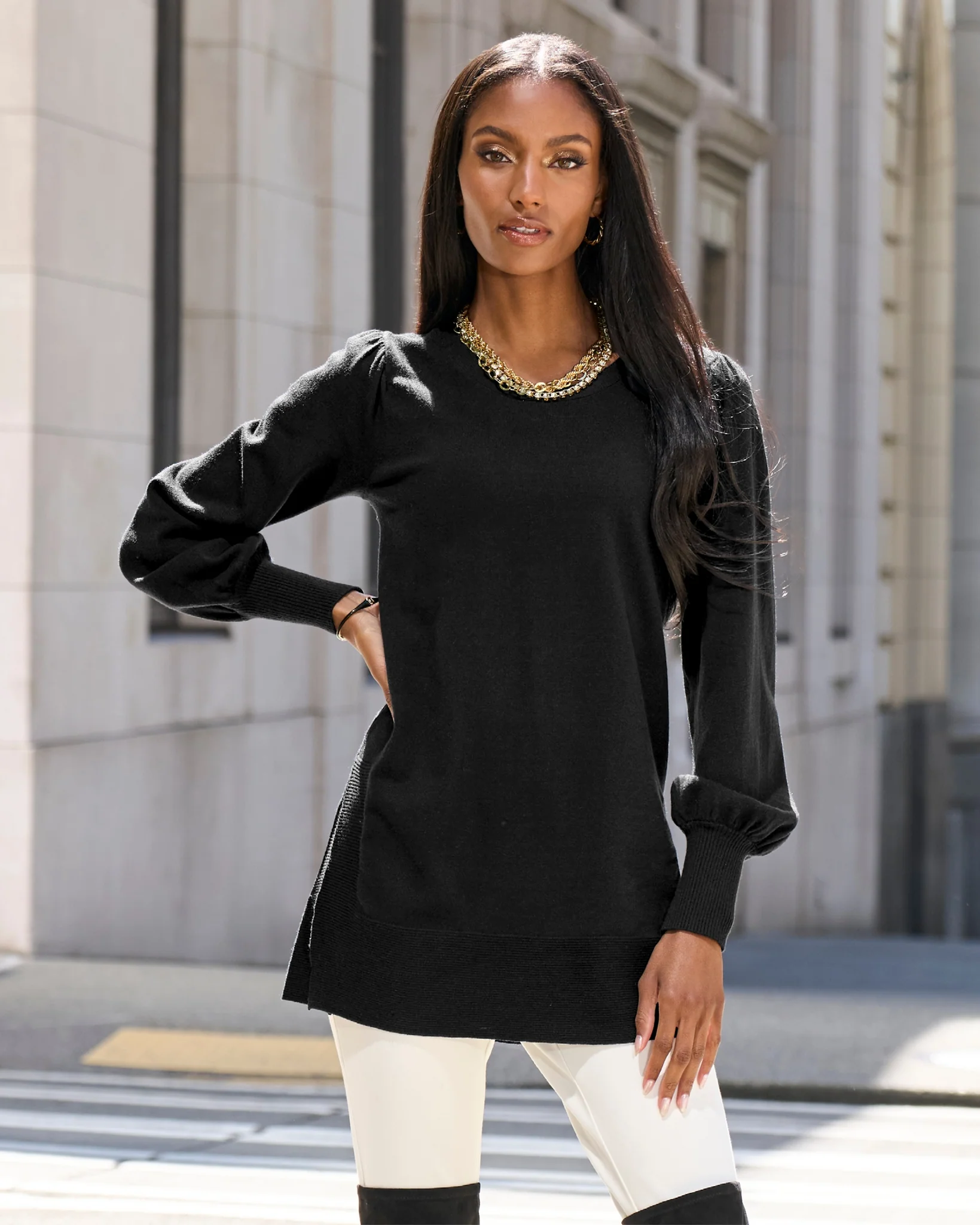 Lightweight Puff Sleeve Tunic Sweater Black - Mycitystee