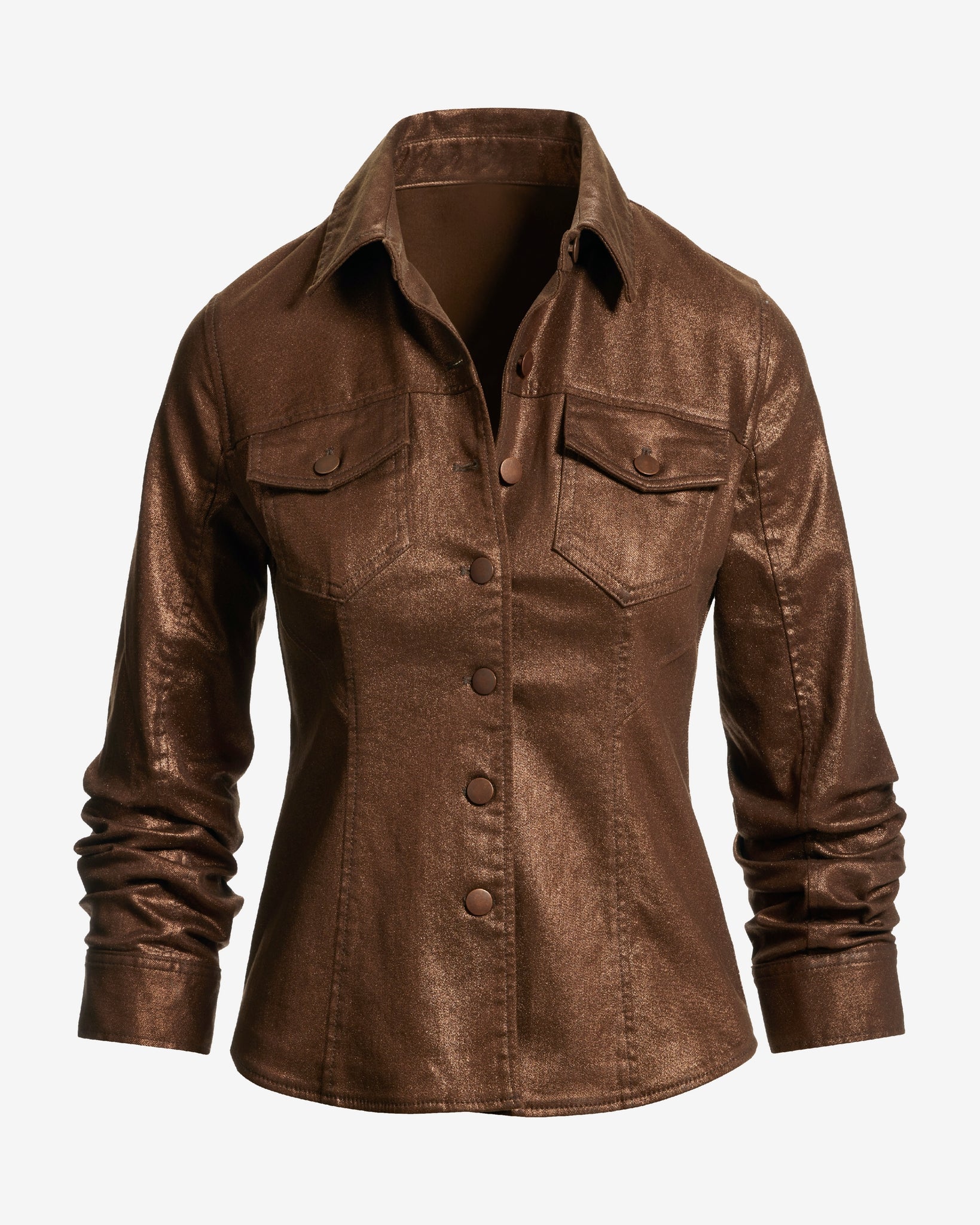 Coated Denim Ruched Sleeve Jacket Bronze - Mycitystee