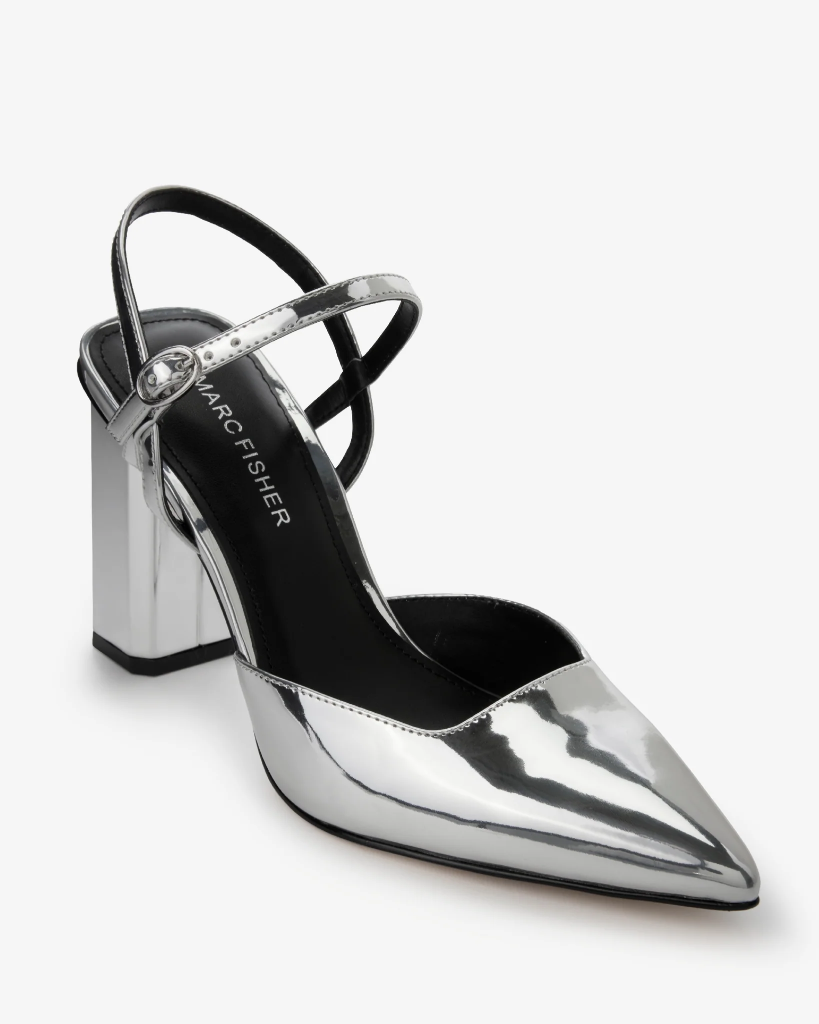Pointed Toe Ankle Strap Block Heel Silver - Mycitystee
