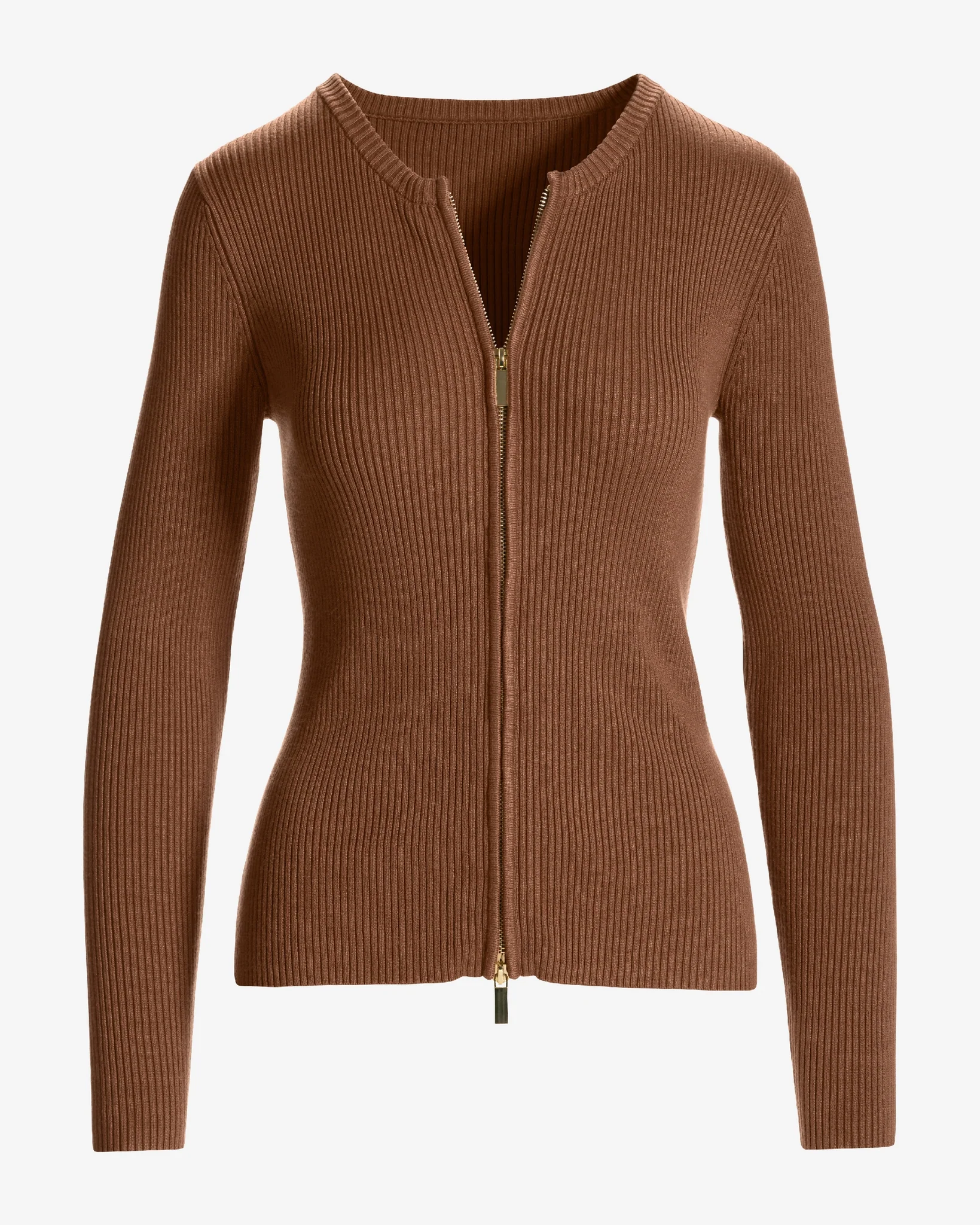 Ribbed Collarless Full Zip Cardigan Toffee - Mycitystee