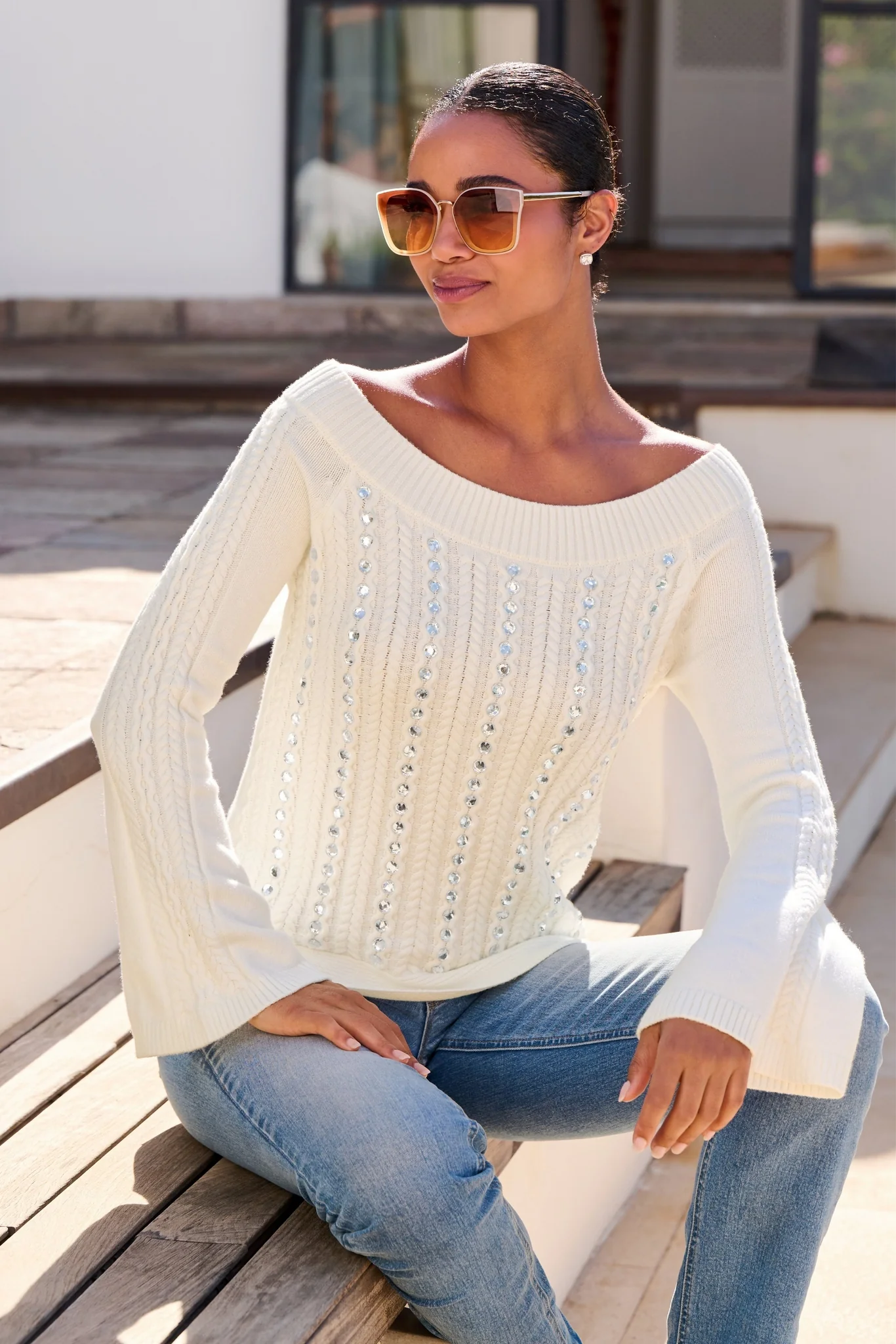 Rhinestone Embellished Off The Shoulder Sweater Off White - Mycitystee