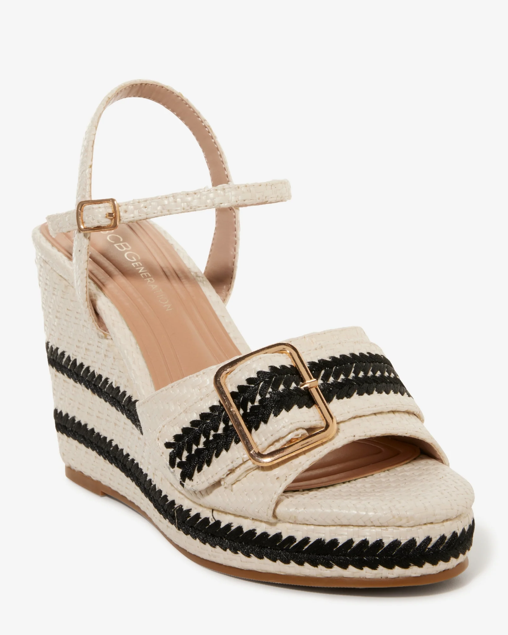Colorblock Buckled Raffia Wedge White/Black - Mycitystee