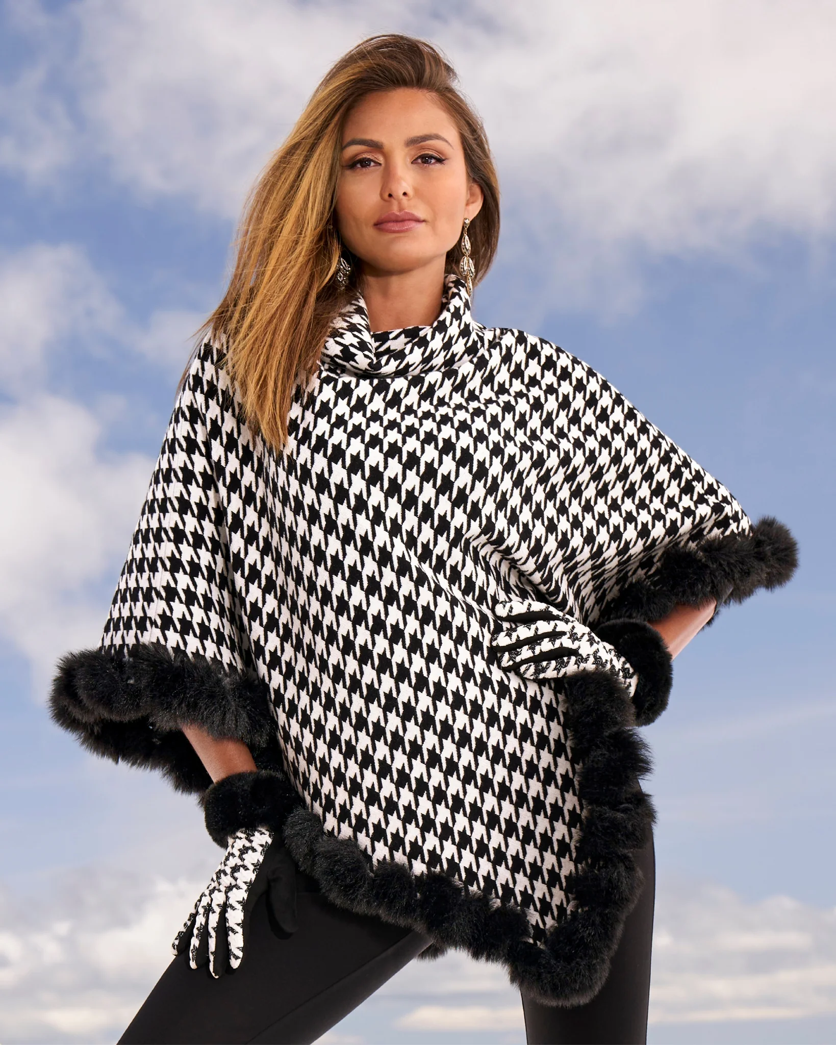 Faux Fur Trim Houndstooth Sweater Poncho Park City Houndstooth - Mycitystee