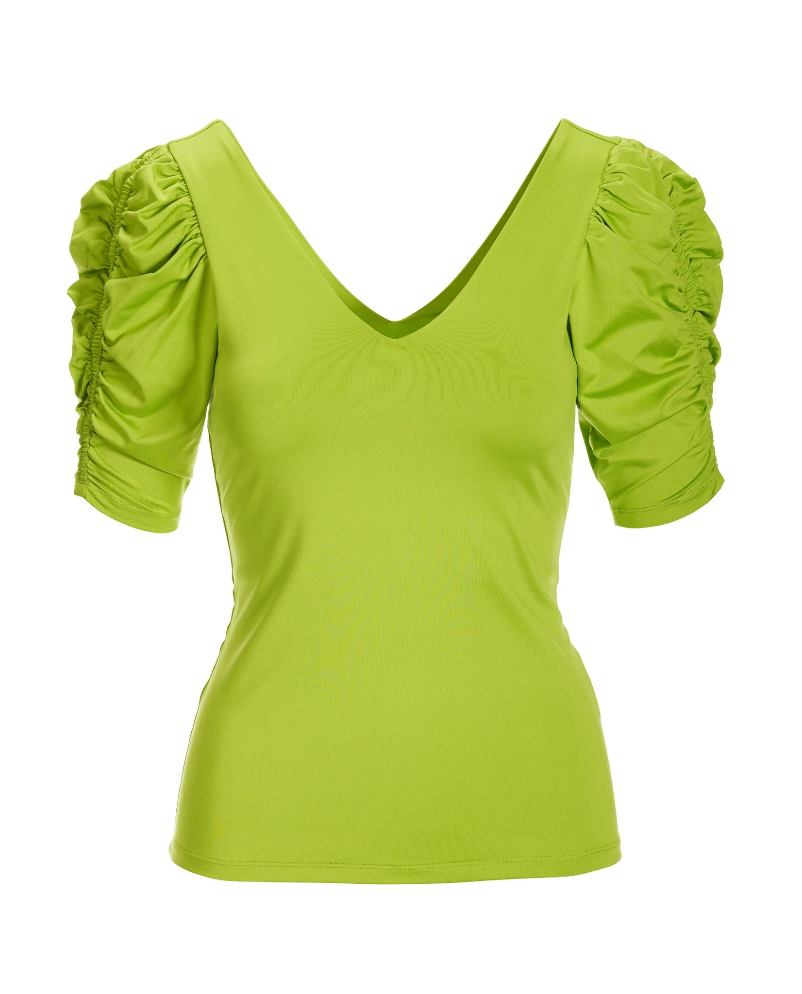 So Modern Ruched Sleeve V Neck Top Bright Lime Green - Mycitystee
