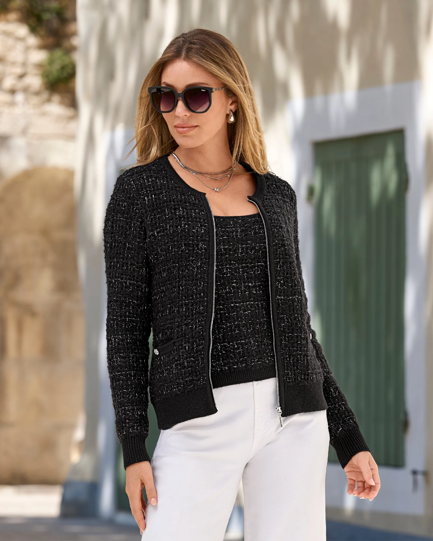 Sweater Tweed Zip Up Cardigan Black/Silver - Mycitystee