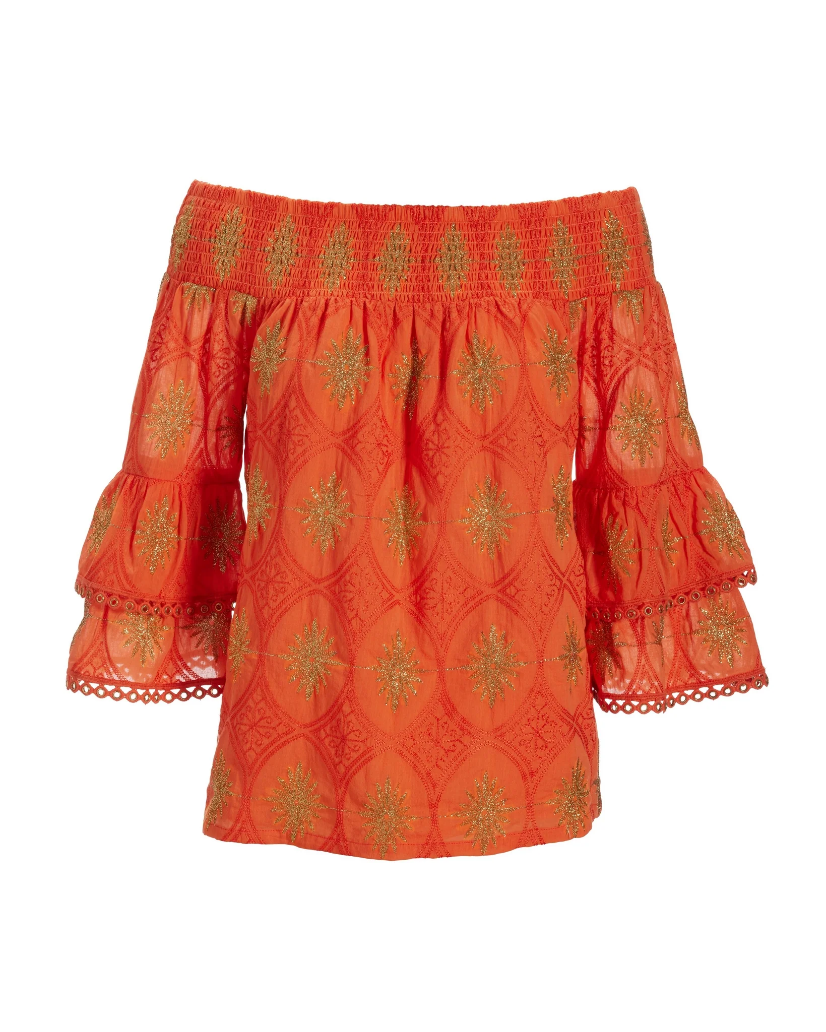 Metallic Off-The-Shoulder Tiered-Sleeve Blouse Firecracker - Mycitystee