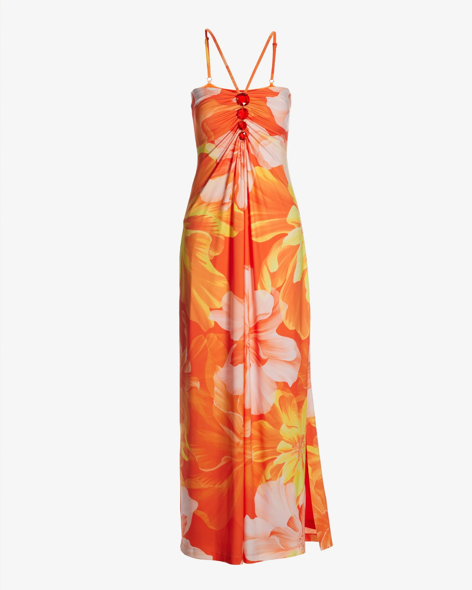 Exploded Floral Print Gem Detailed Halter Maxi Dress Orange Multi - Mycitystee