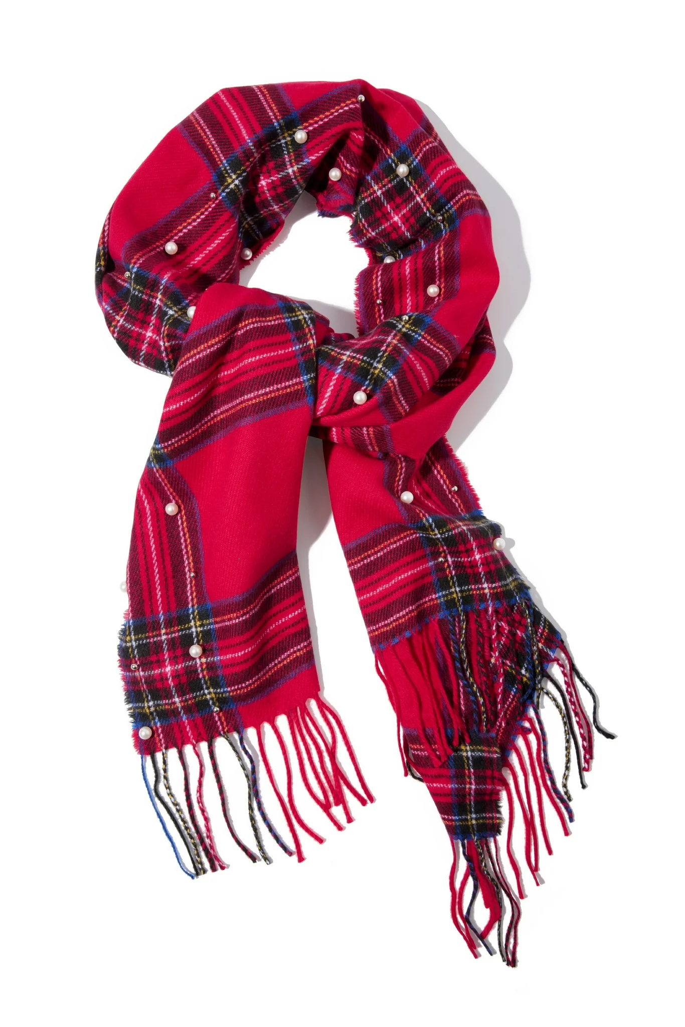 Plaid and Pearl Scarf Red Multi - Mycitystee
