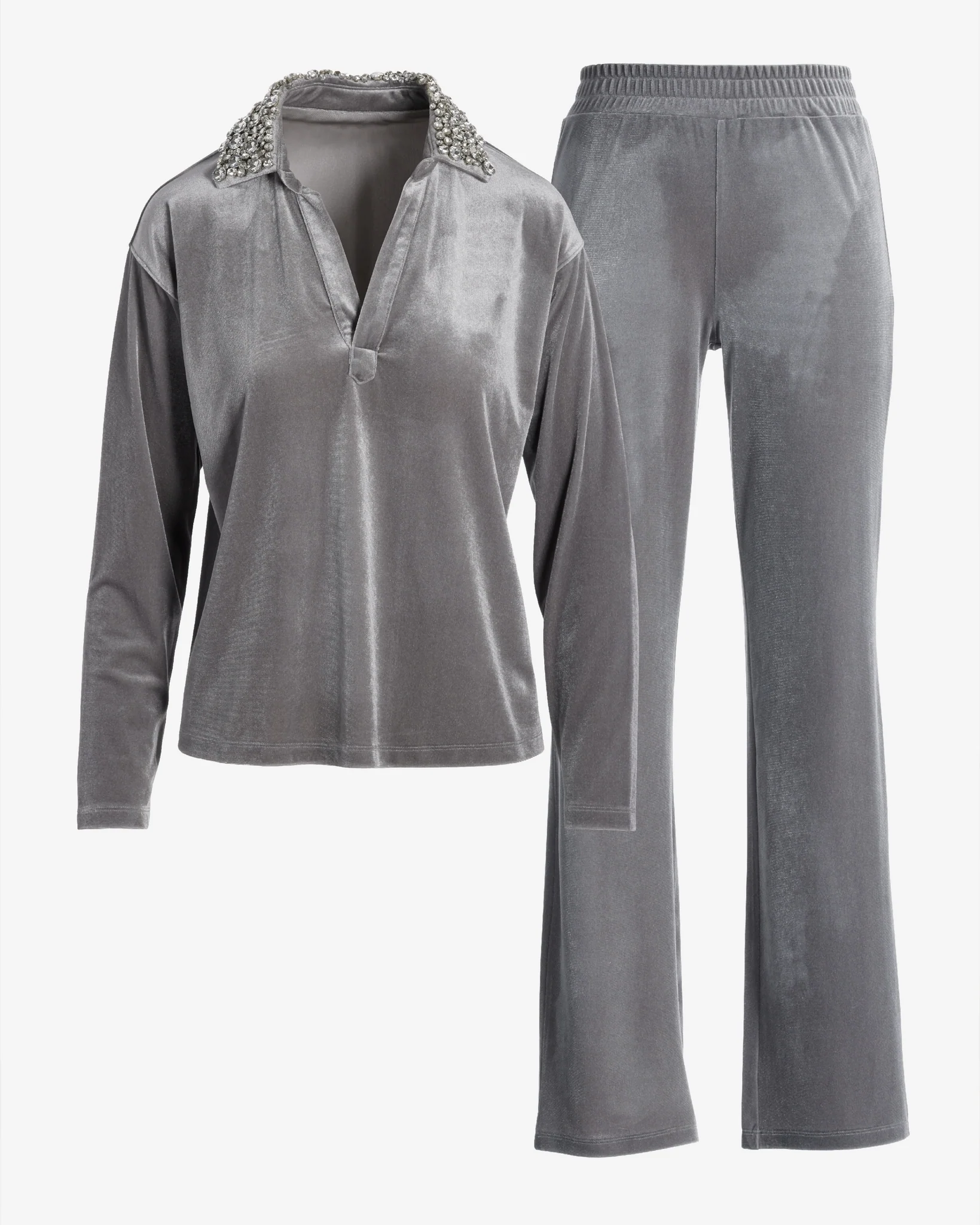 Chic Velour Embellished Collar Lounge Set Silver - Mycitystee