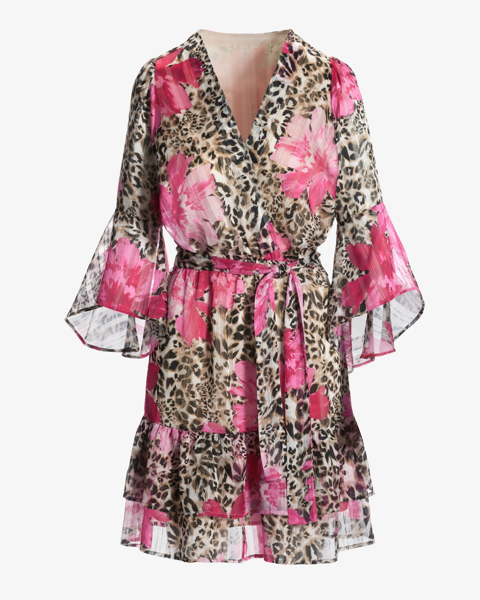 Cheetah Blooms Shimmer Bell Sleeve A Line Dress Neutral/Pink - Mycitystee