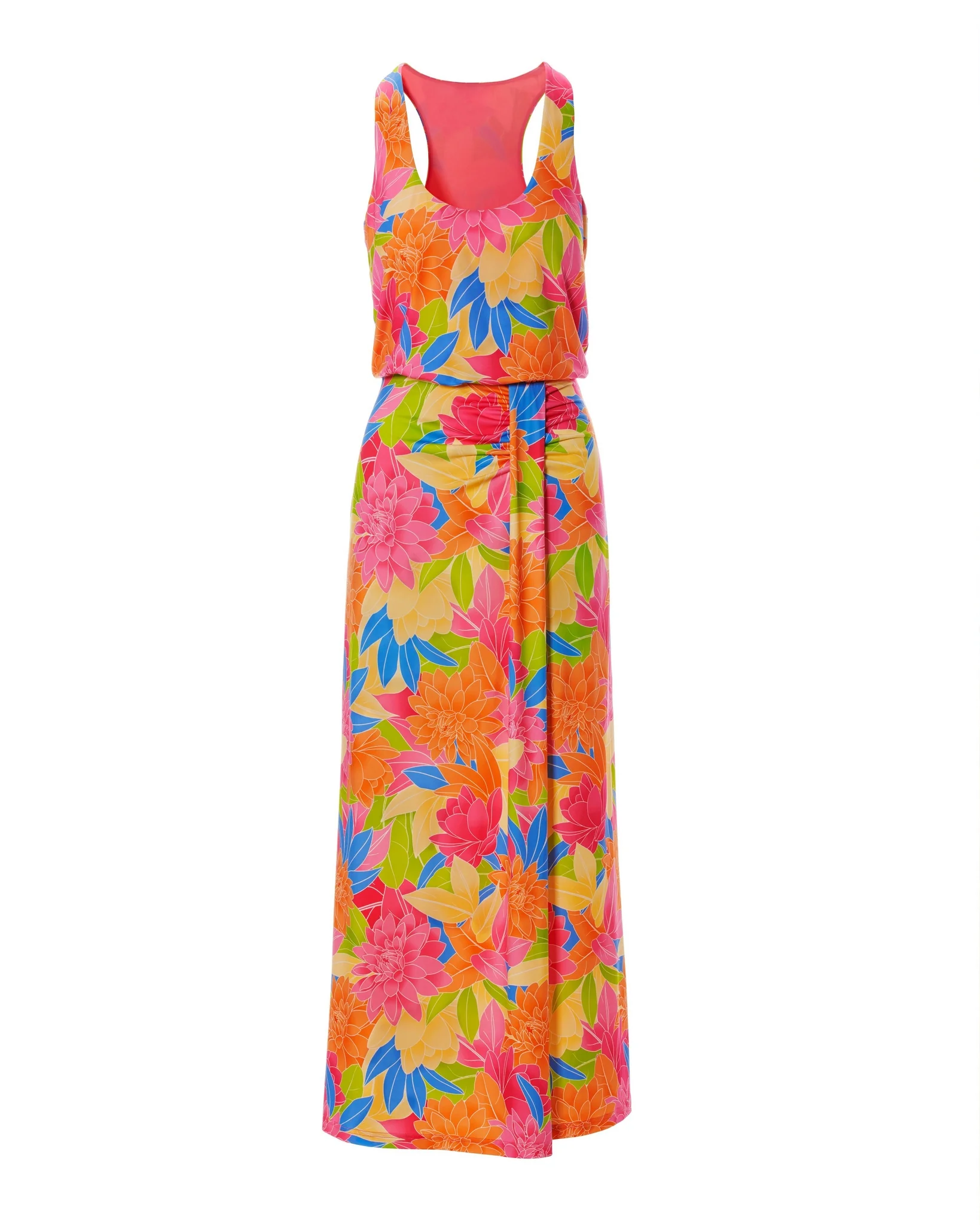 Bright Blooms Print Scoop Neck Blouson Ankle Length Dress Multi - Mycitystee
