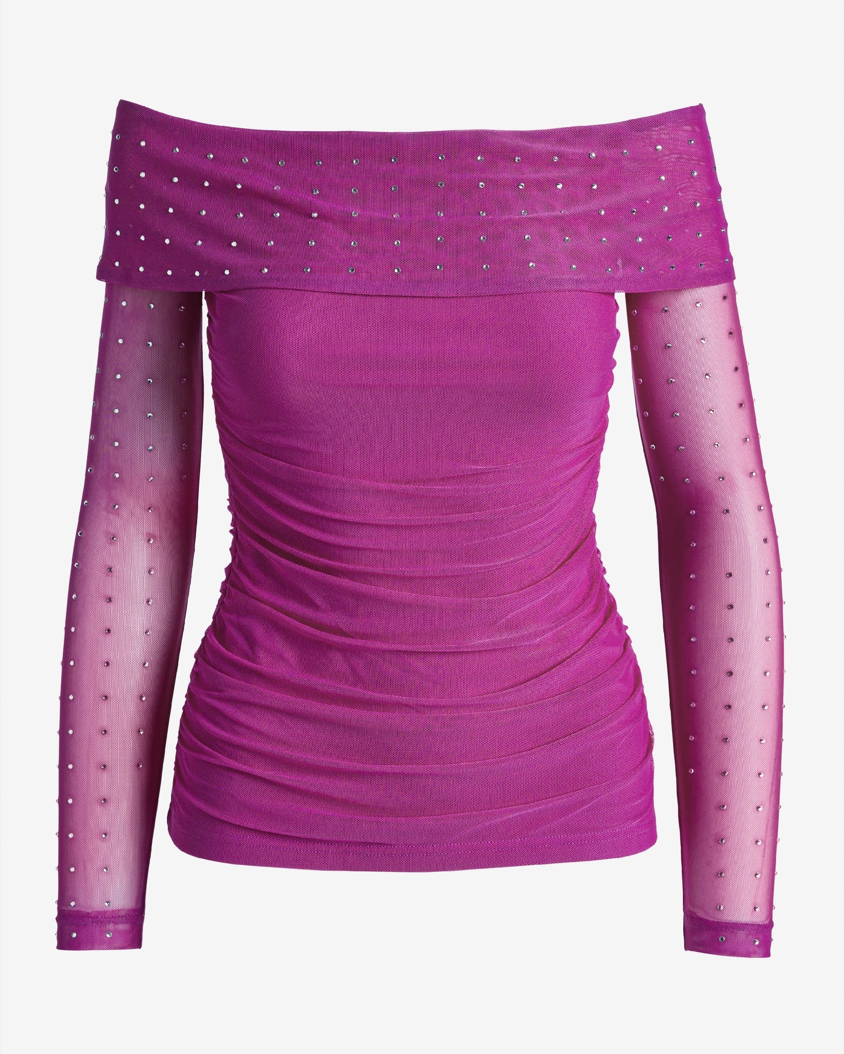 Rhinestone Mesh Ruched Off the Shoulder Knit Top Fuchsia - Mycitystee
