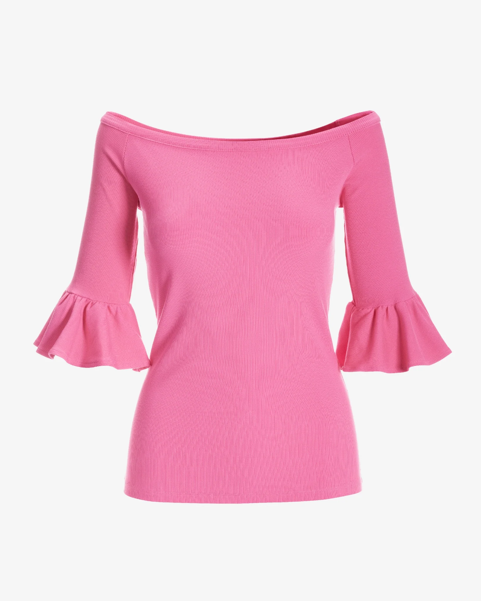 So Essential Rib Boatneck Flare Sleeve Top Shocking Pink - Mycitystee
