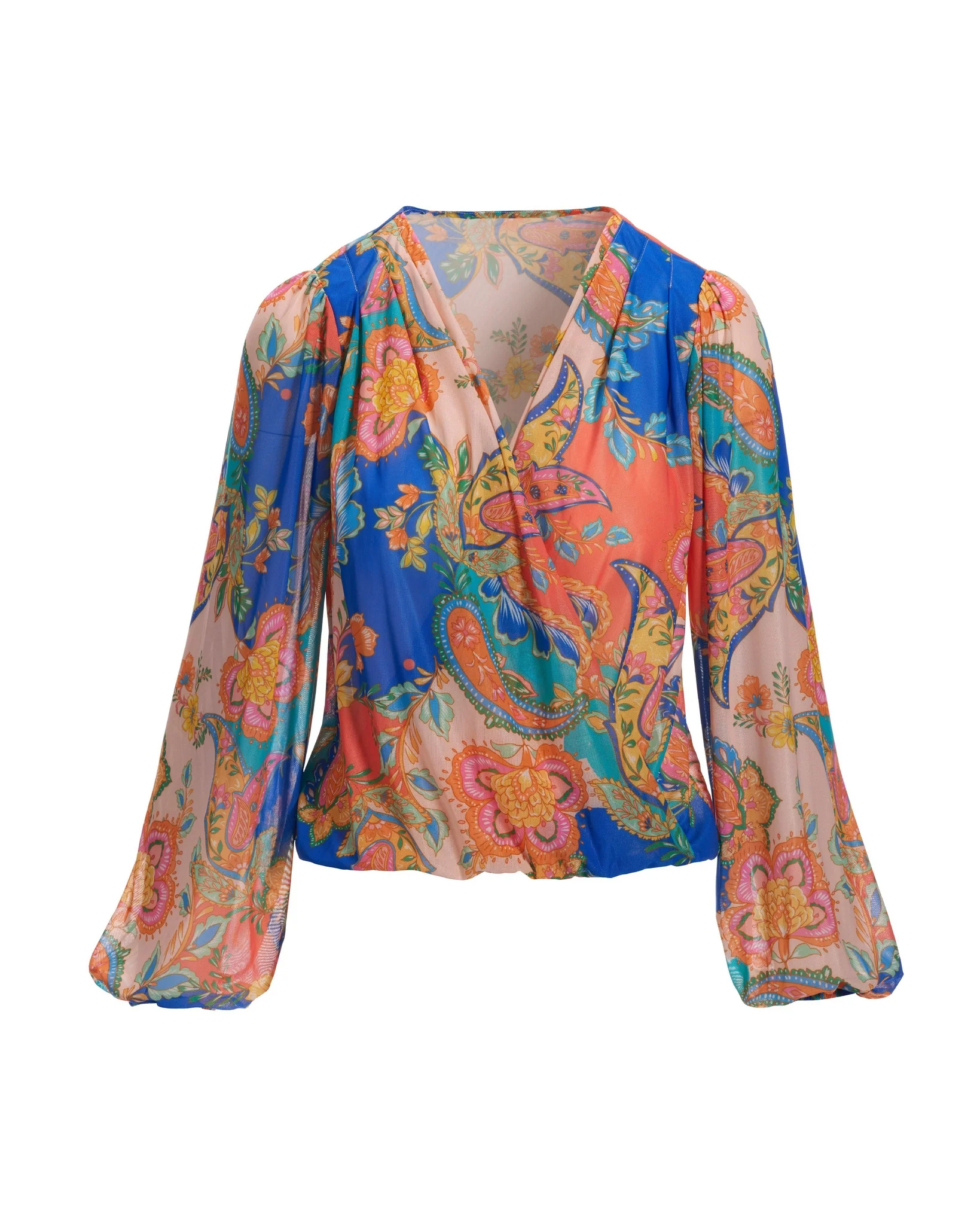 Paisley Mesh Surplice Long-Sleeve Knit Top Multi - Mycitystee