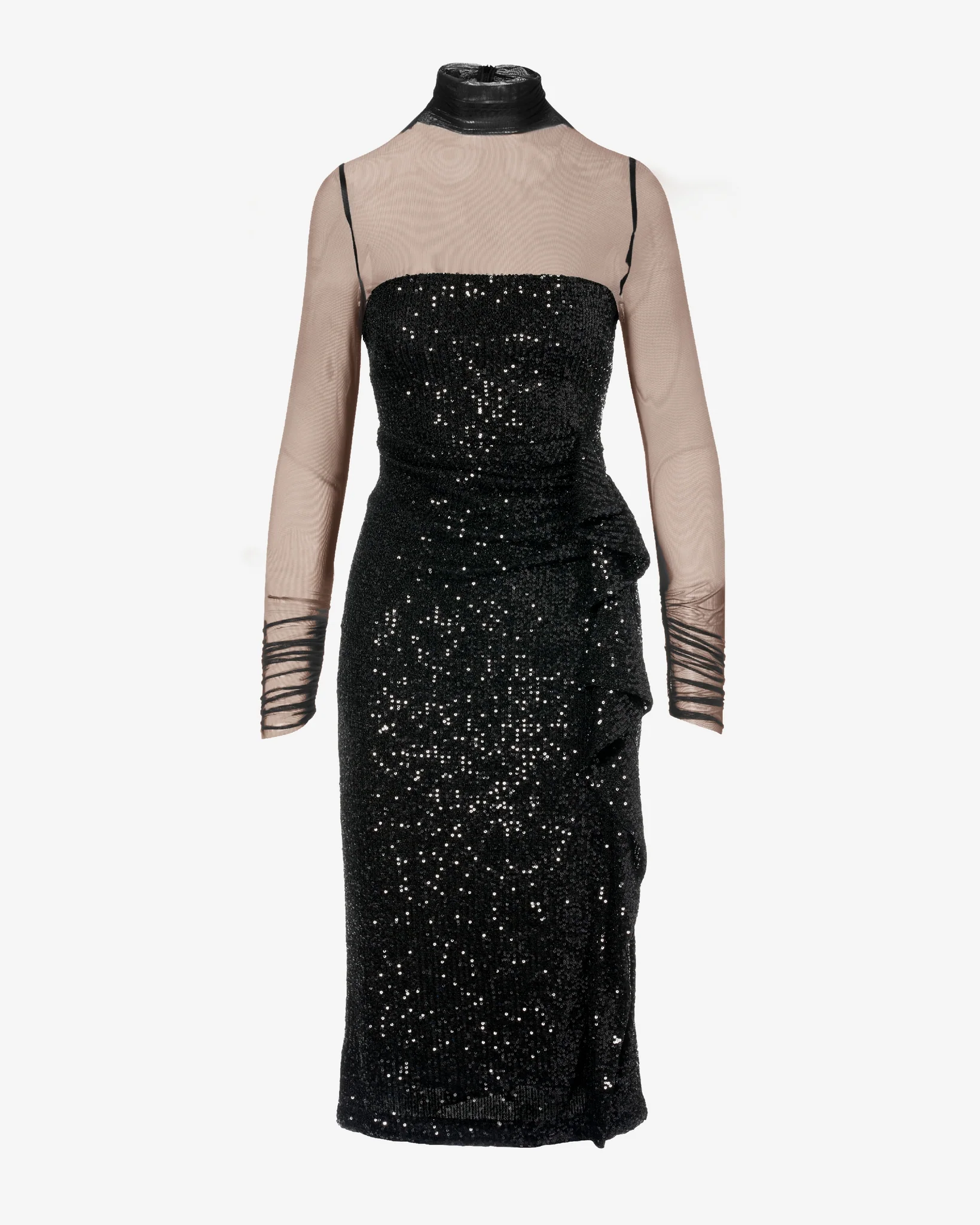 Mesh Long Sleeve Sequin Sheath Dress Black - Mycitystee