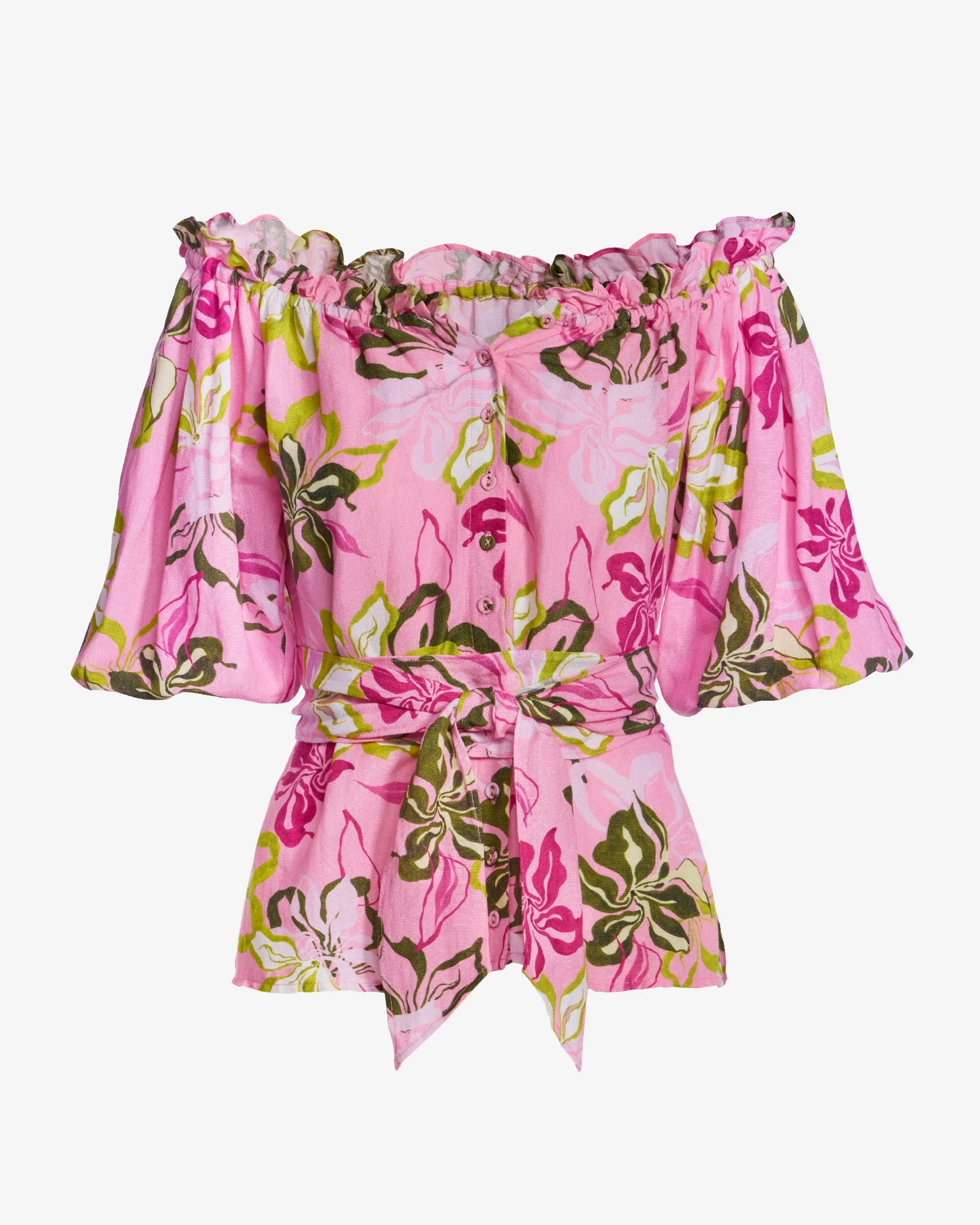 Print Linen Puff Sleeve Tie Waist Peplum Blouse Painted Poppies - Mycitystee