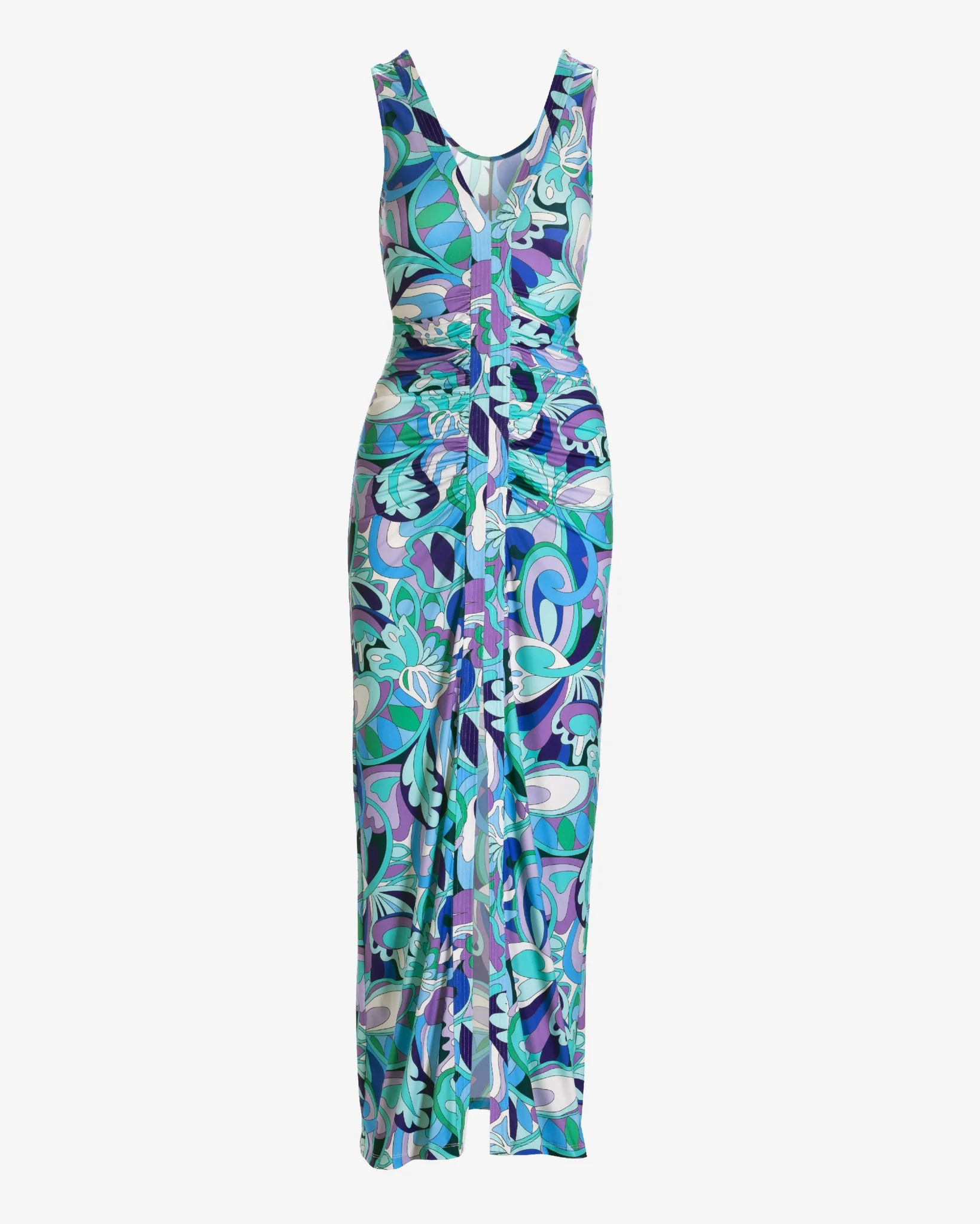 Maldives Abstract Sleeveless Ruched Front Slit Maxi Dress Maldives Abstract - Mycitystee