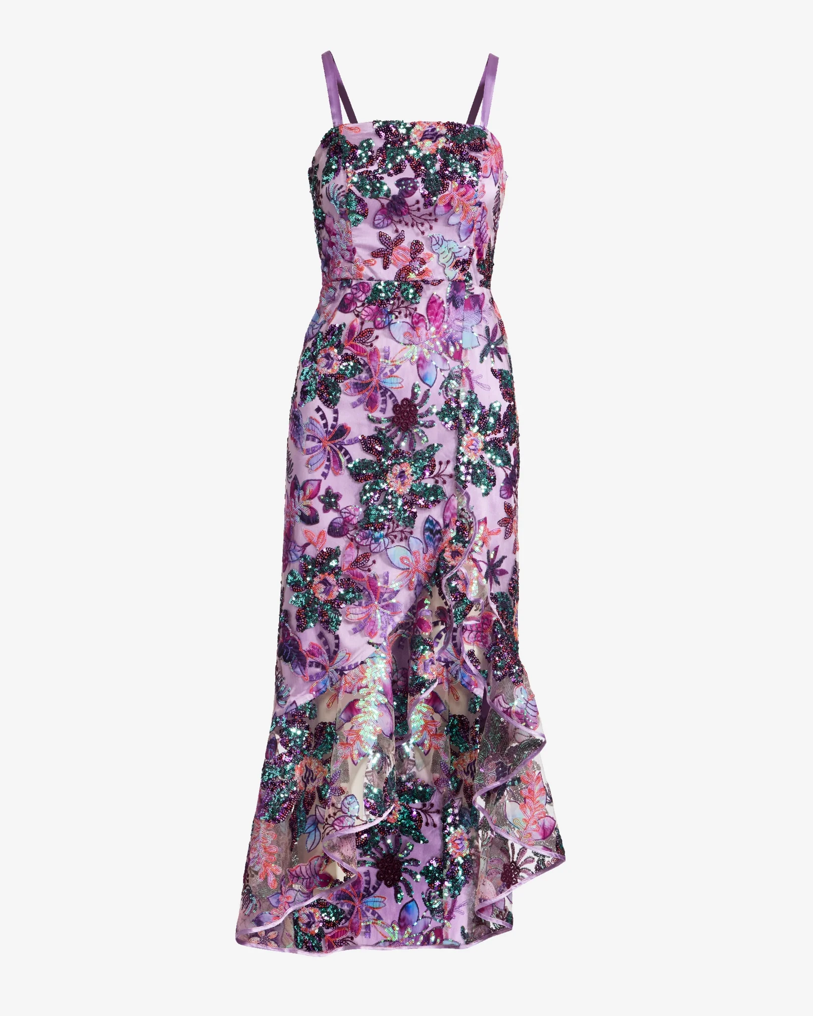 Embroidered Sequin Mesh Ruffle Slit Midi Dress Purple Multi - Mycitystee