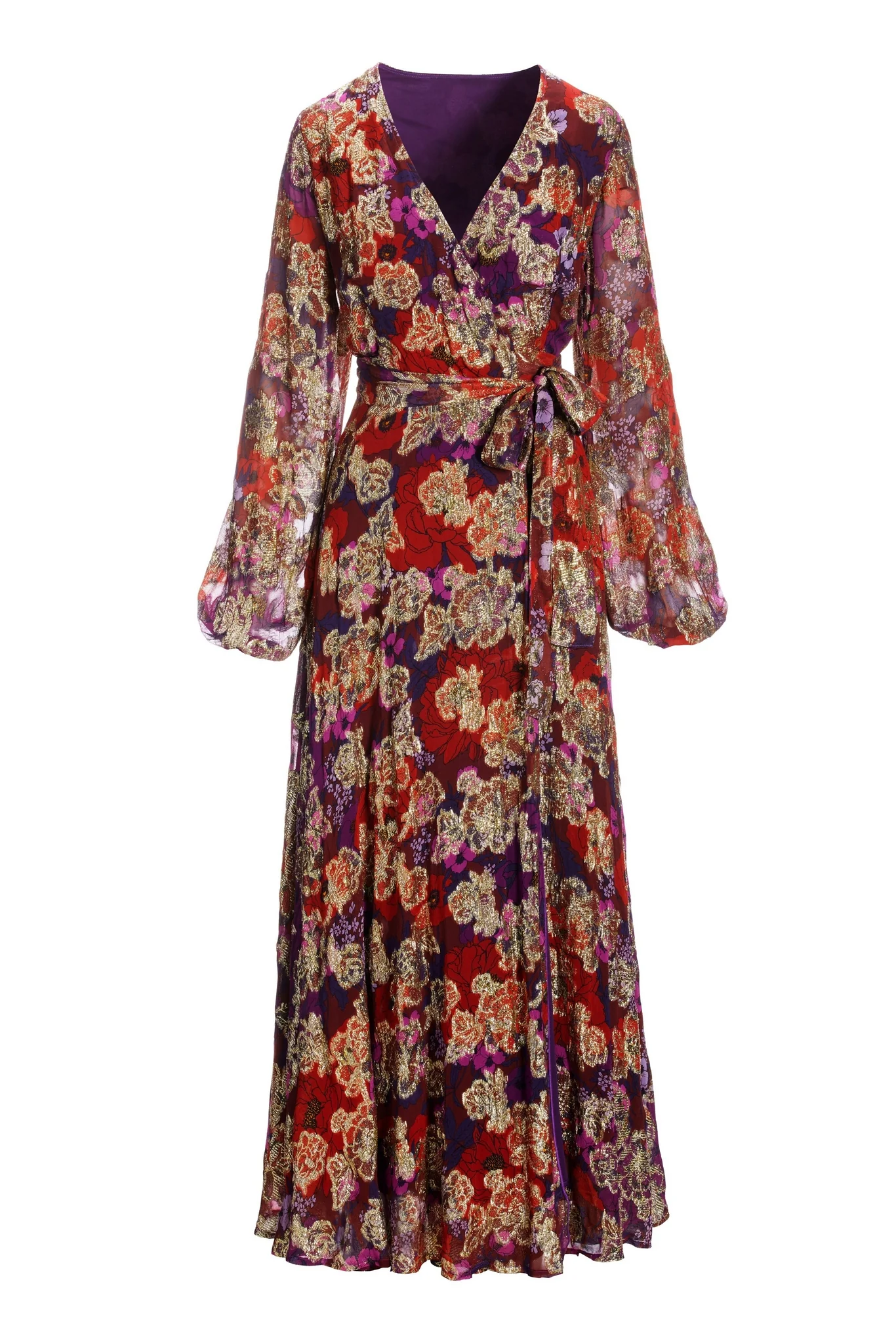 Holiday Fleurs Metallic Printed Wrap Maxi Dress Red/Purple - Mycitystee