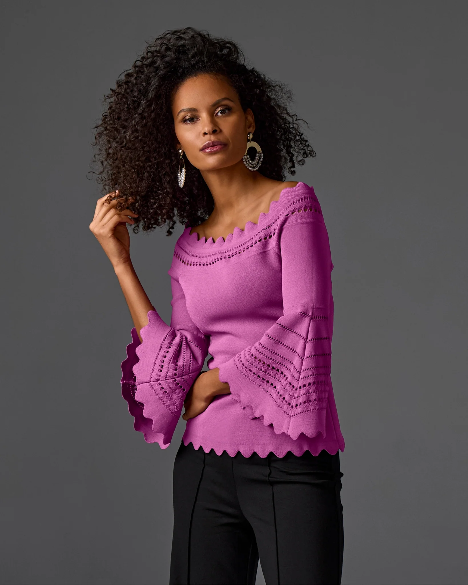 Off The Shoulder Lace Scallop Sweater Radiant Orchid - Mycitystee