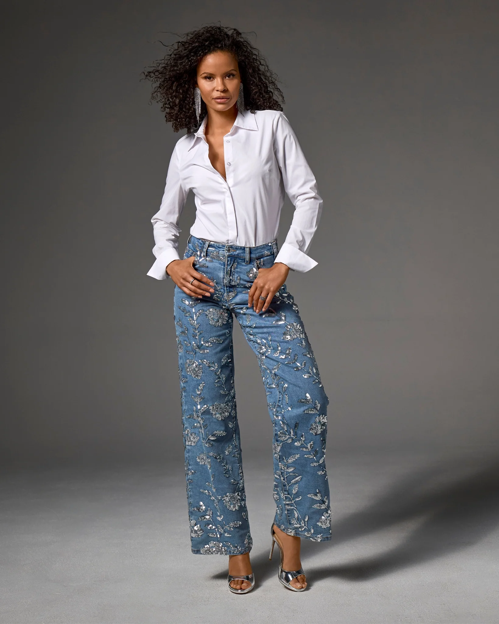 Floral Sequin Wide Leg Jean Medium Wash/Silver - Mycitystee