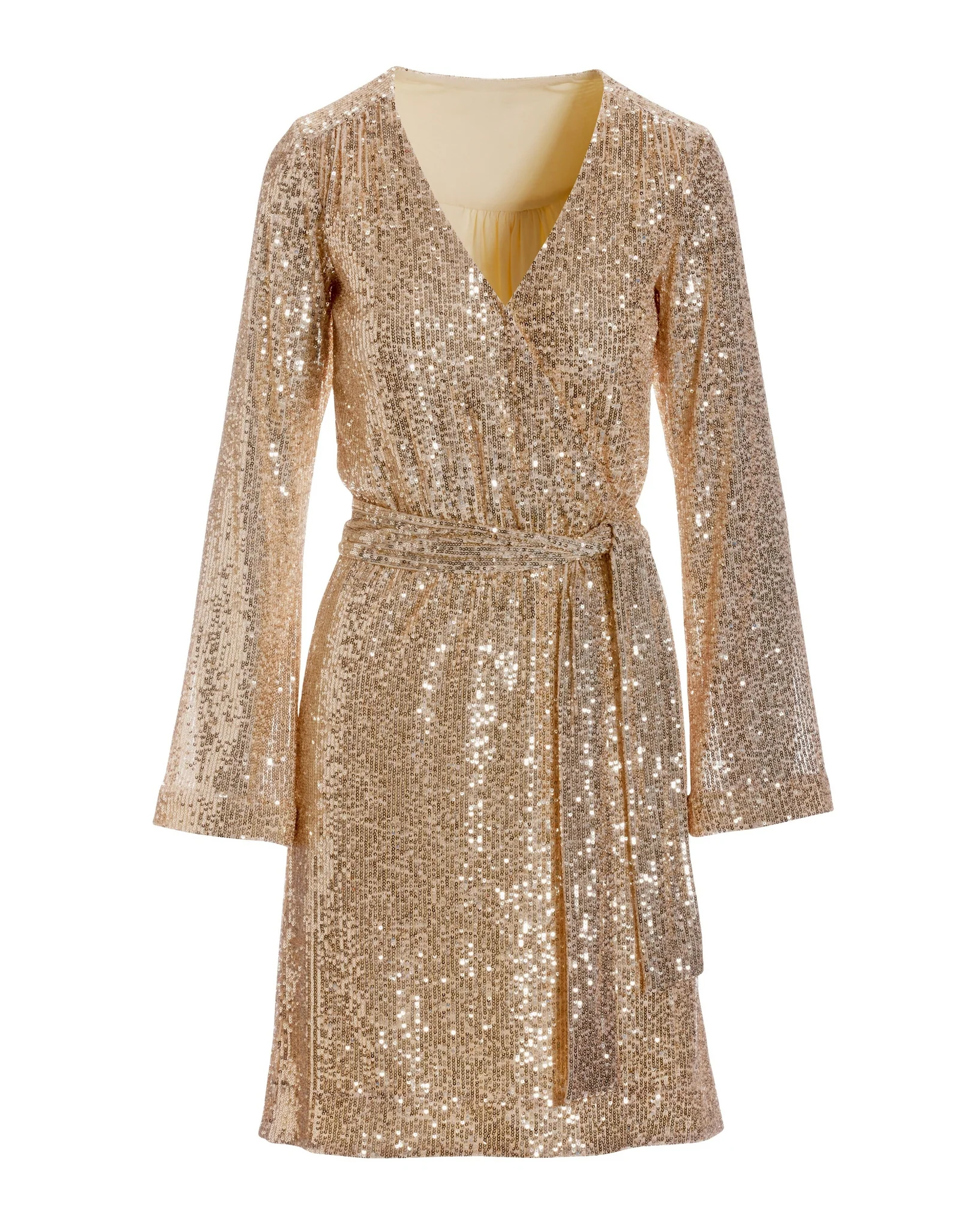 Sequin Tie Waist Bell Sleeve Dress Gold - Mycitystee