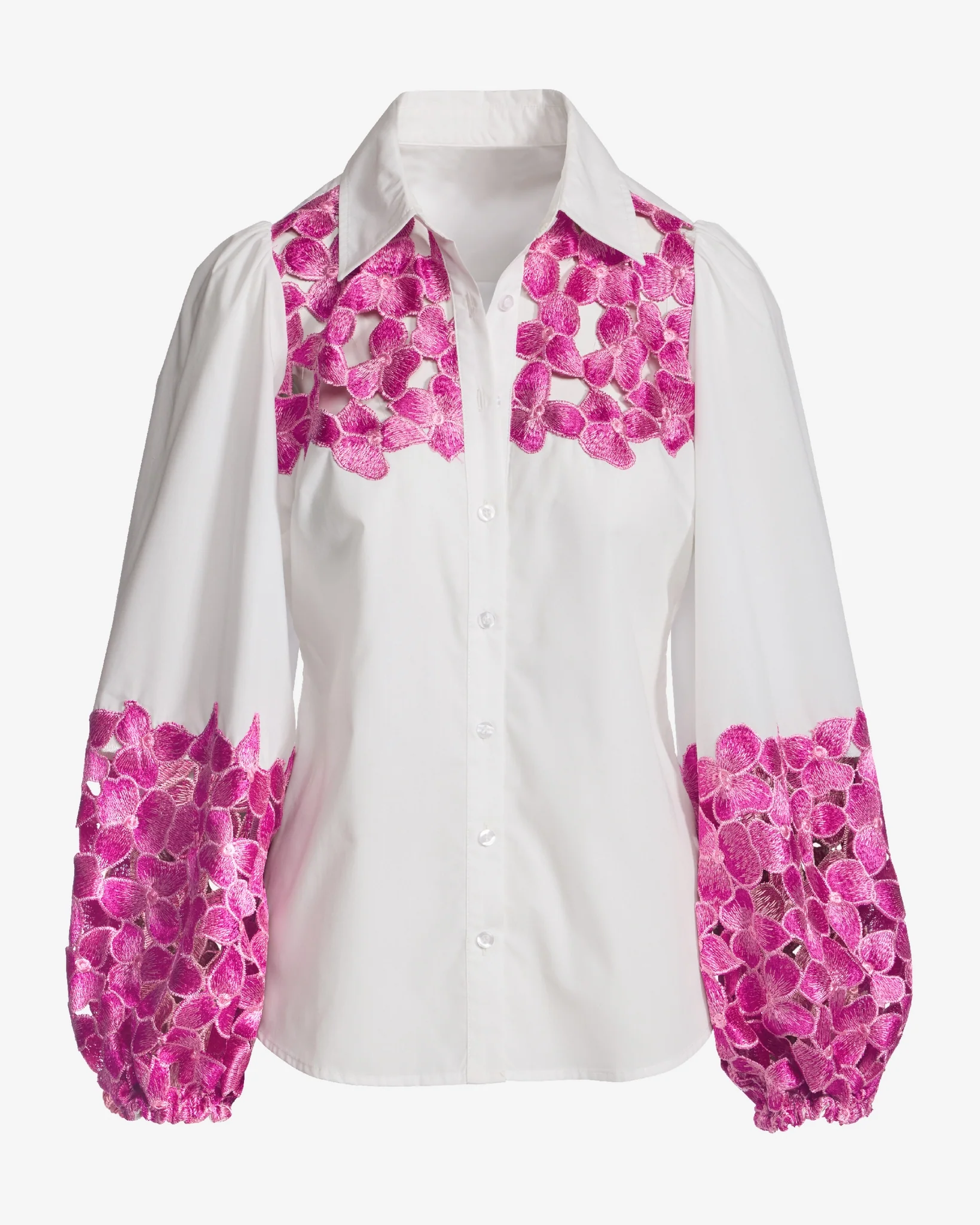 Floral Lace Trim Balloon Sleeve Button Up Poplin Shirt White/Pink - Mycitystee