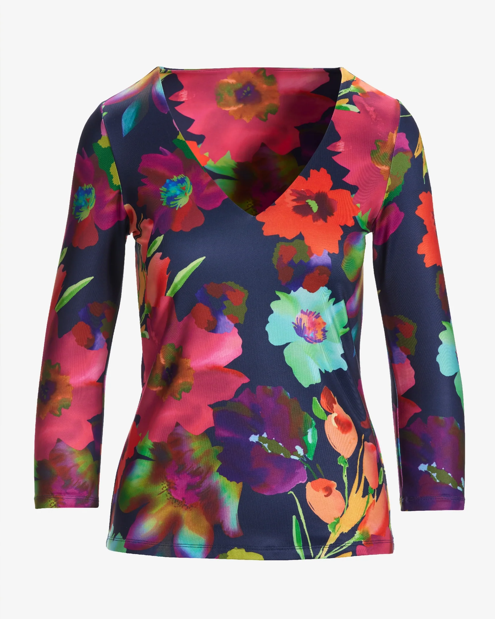 So Modern Watercolor Floral Three Quarter V Neck Top Multi - Mycitystee