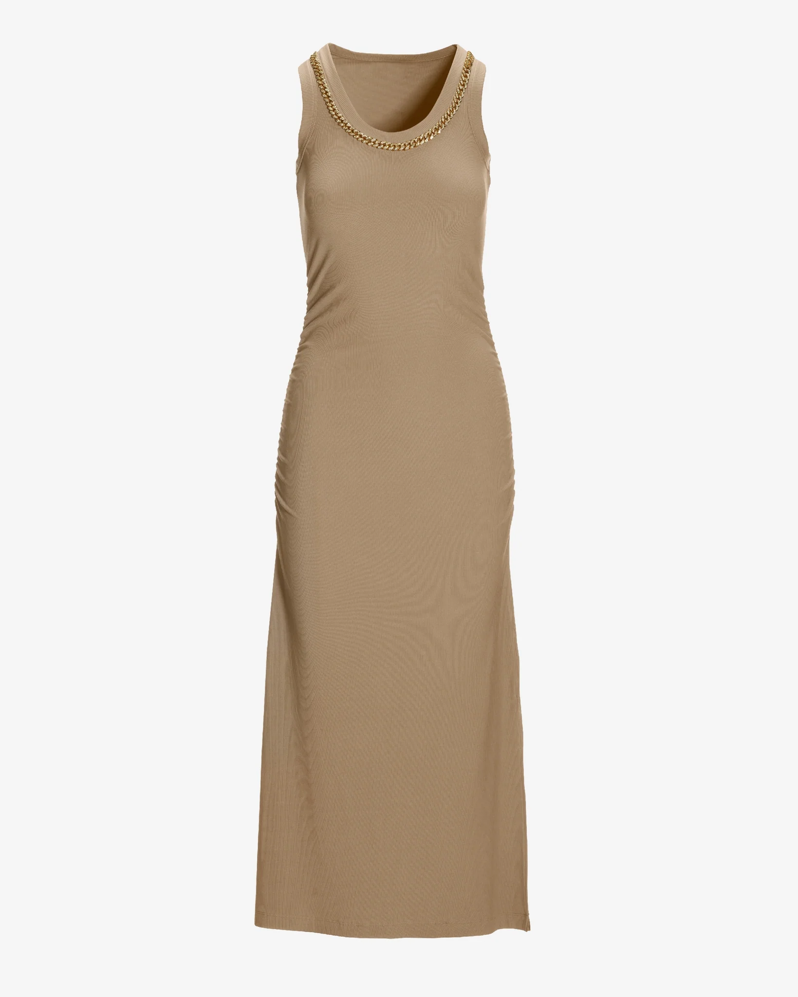 Chain Detail Scoop Neck Ribbed Midi Dress Sesame - Mycitystee