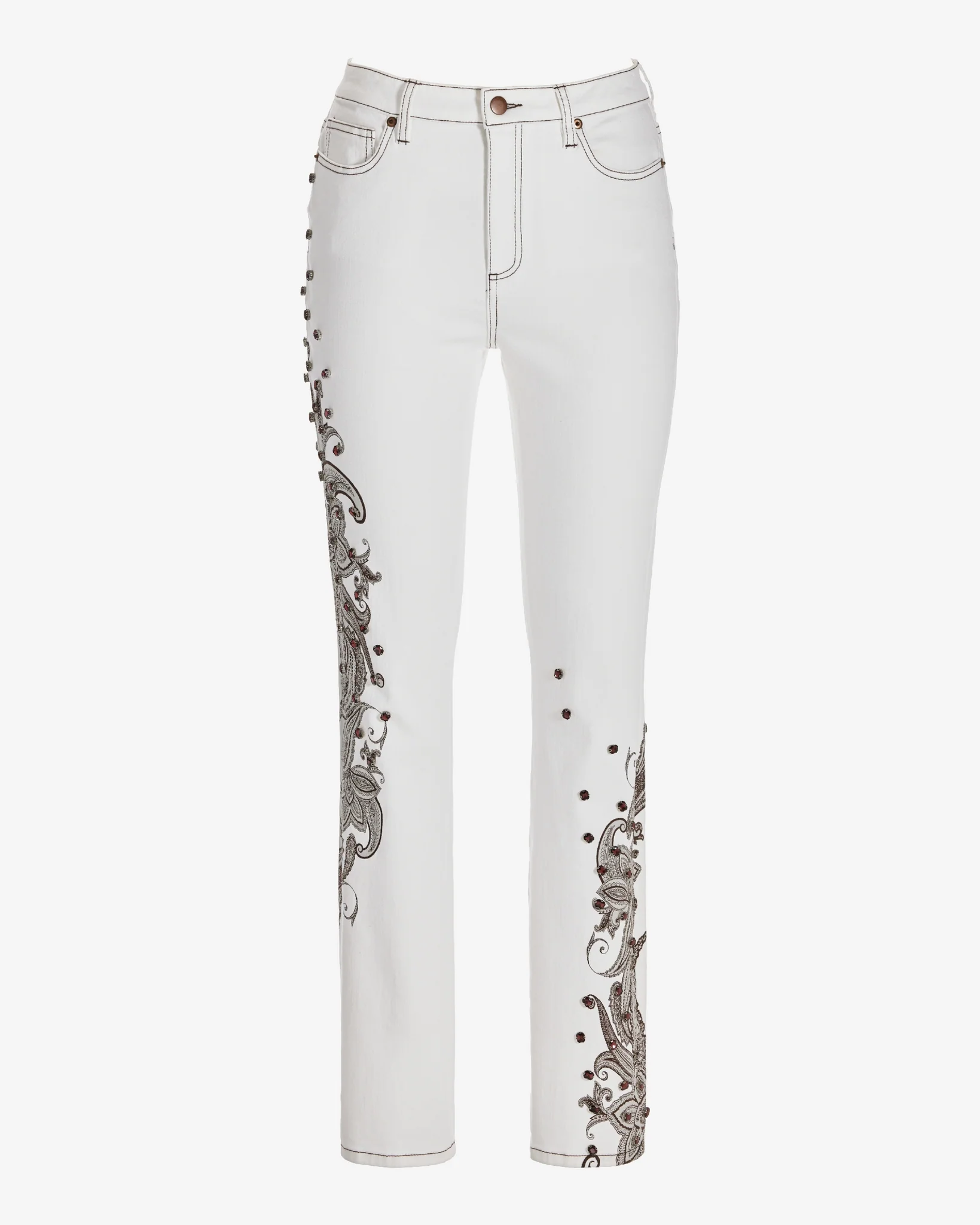 Newport High Rise Paisley Embellished Slim Straight Jean Off White/Brown - Mycitystee
