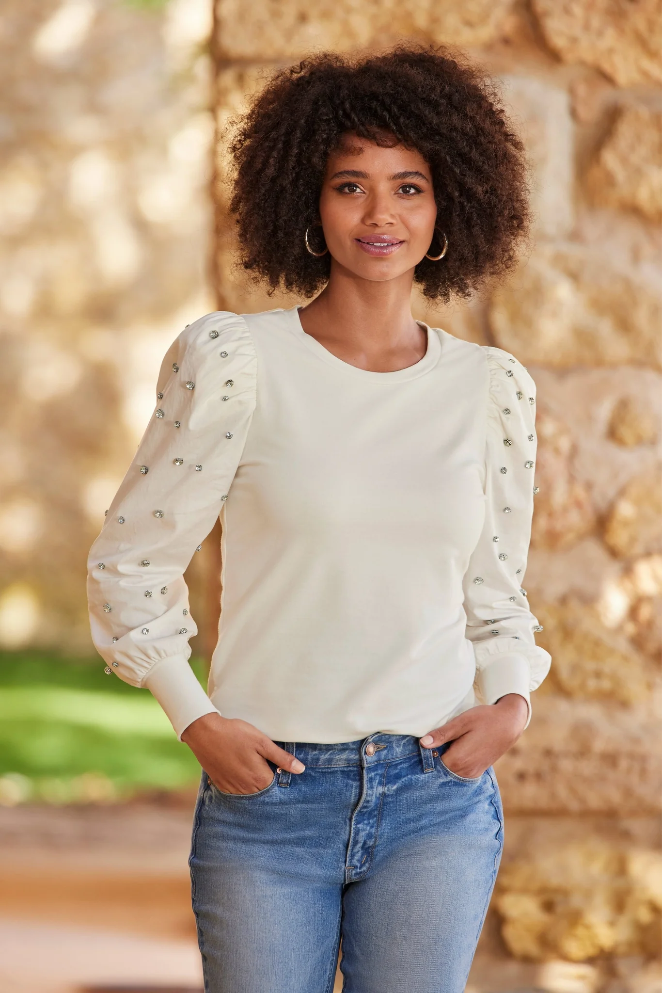 Rhinestone Mixed Media Puff-Sleeve Sweatshirt Off White - Mycitystee