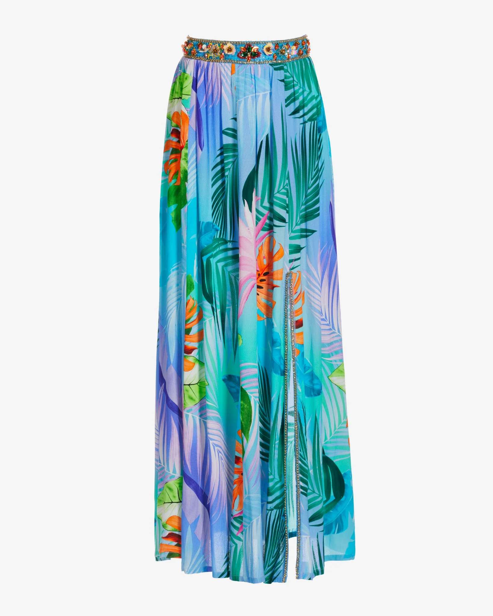 Tropical Summer Leaves Embellished Waist Midi Skirt Blue Multi - Mycitystee