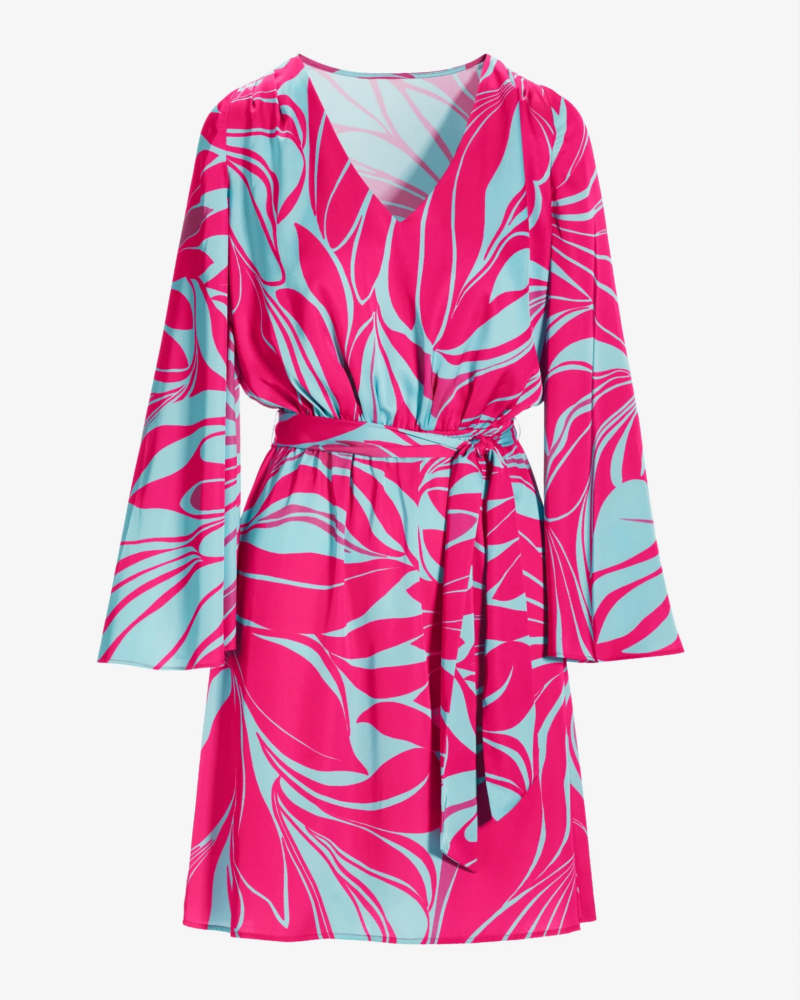 Sirena Abstract Print Flare Sleeve Charmeuse Dress Blue/Pink - Mycitystee