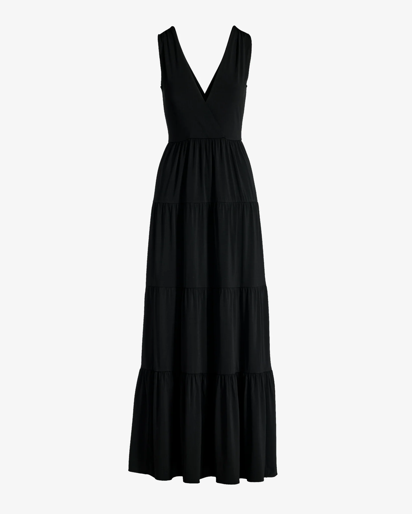 V Neck Tiered Knit Maxi Dress Black - Mycitystee