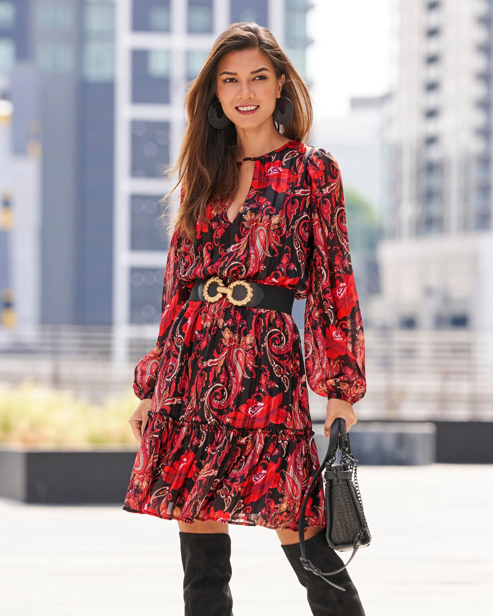 Paisley Garden Mix Print Keyhole Fit and Flare Dress Red/Black - Mycitystee