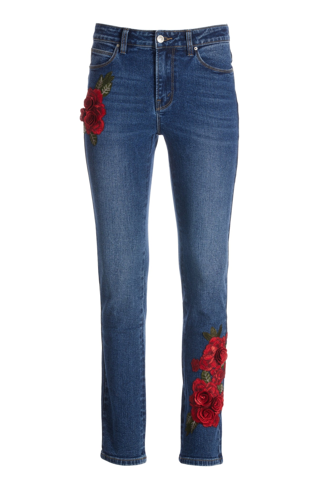 Rose Embellished Slim Straight-Leg Jean Medium Wash - Mycitystee