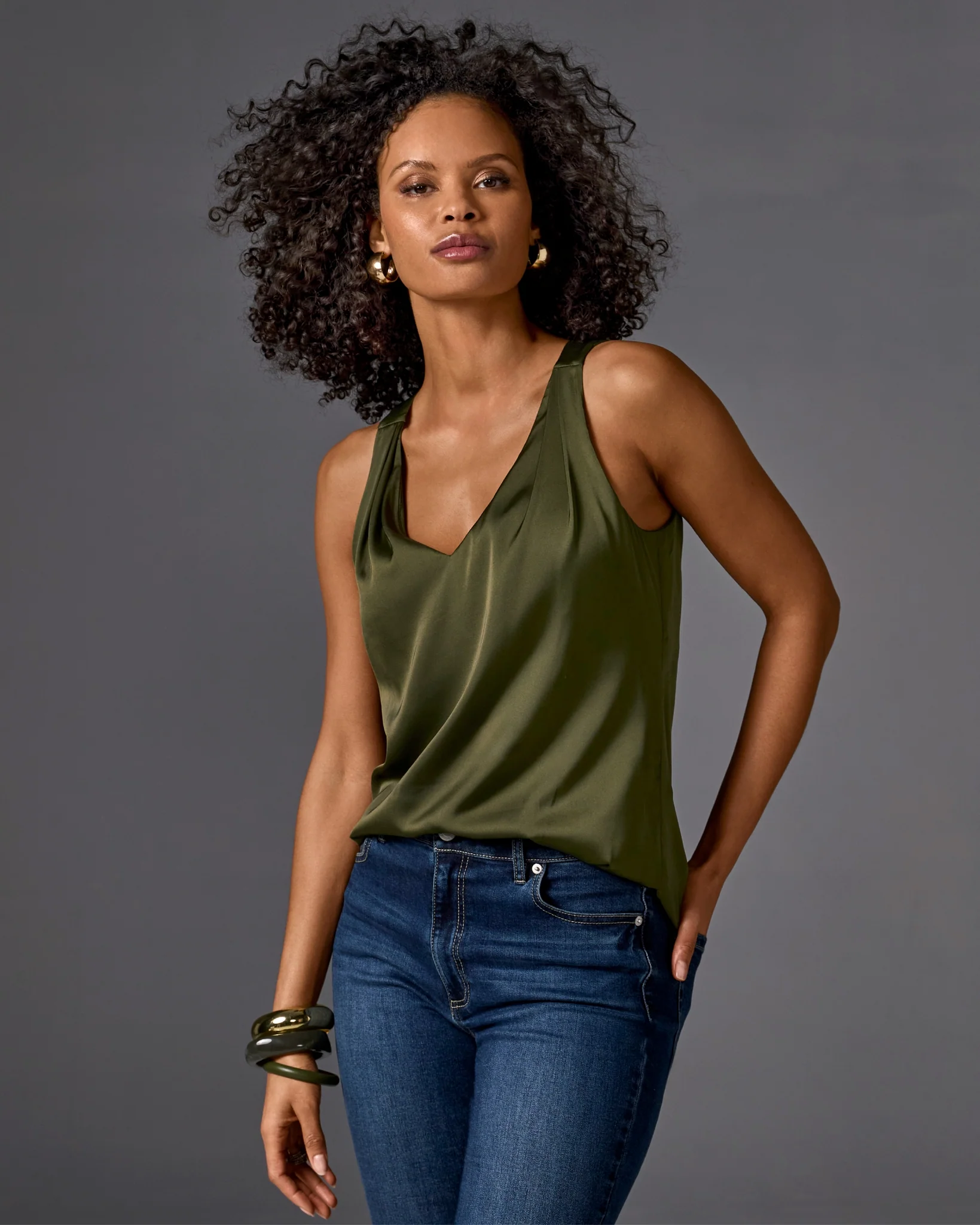 Nikki V-Neck Charmeuse Blouse Forest Night - Mycitystee