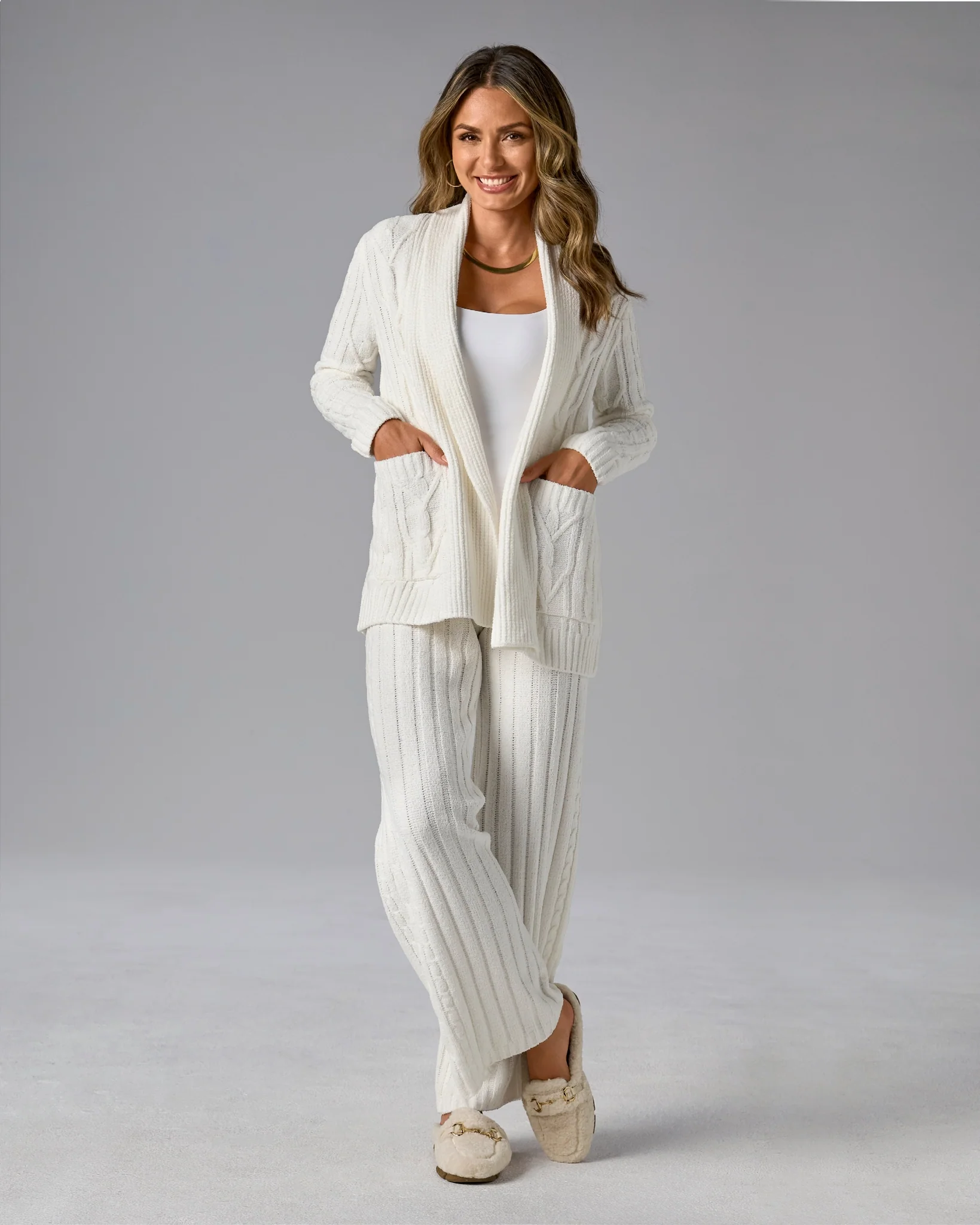 Cable Cardigan Wide Leg Lounge Set Off White - Mycitystee