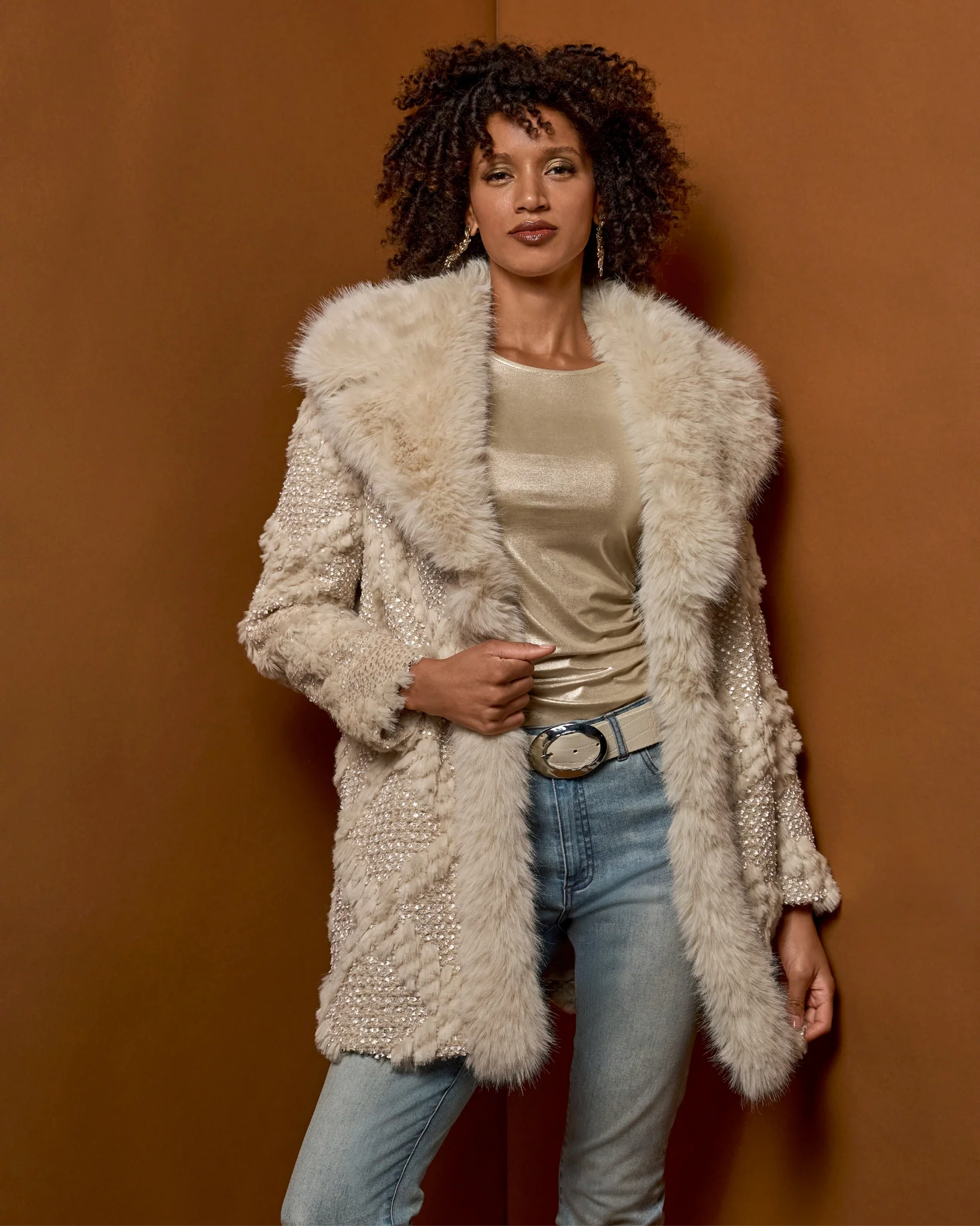 Novelty Shimmer Faux Fur Coat Cream - Mycitystee