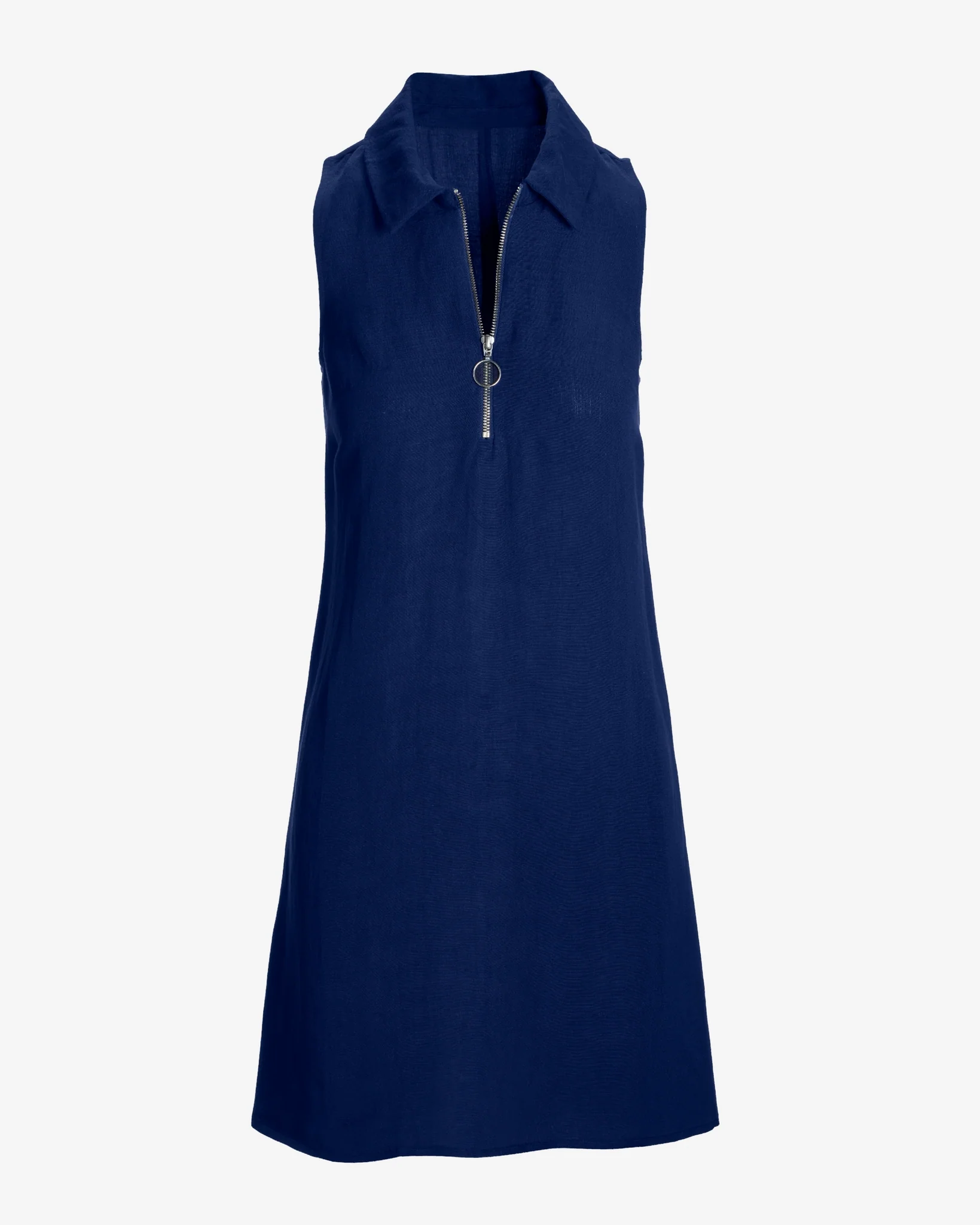 Zip Detail Linen Collared Shift Dress Navy - Mycitystee