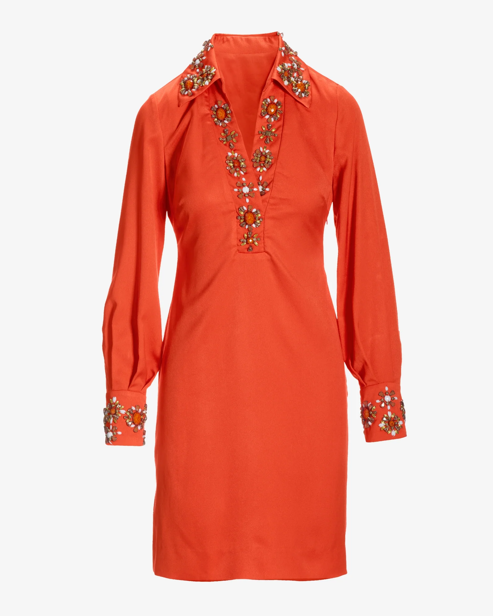 Beaded Embellished Trim Collared Tunic Dress Flame - Mycitystee
