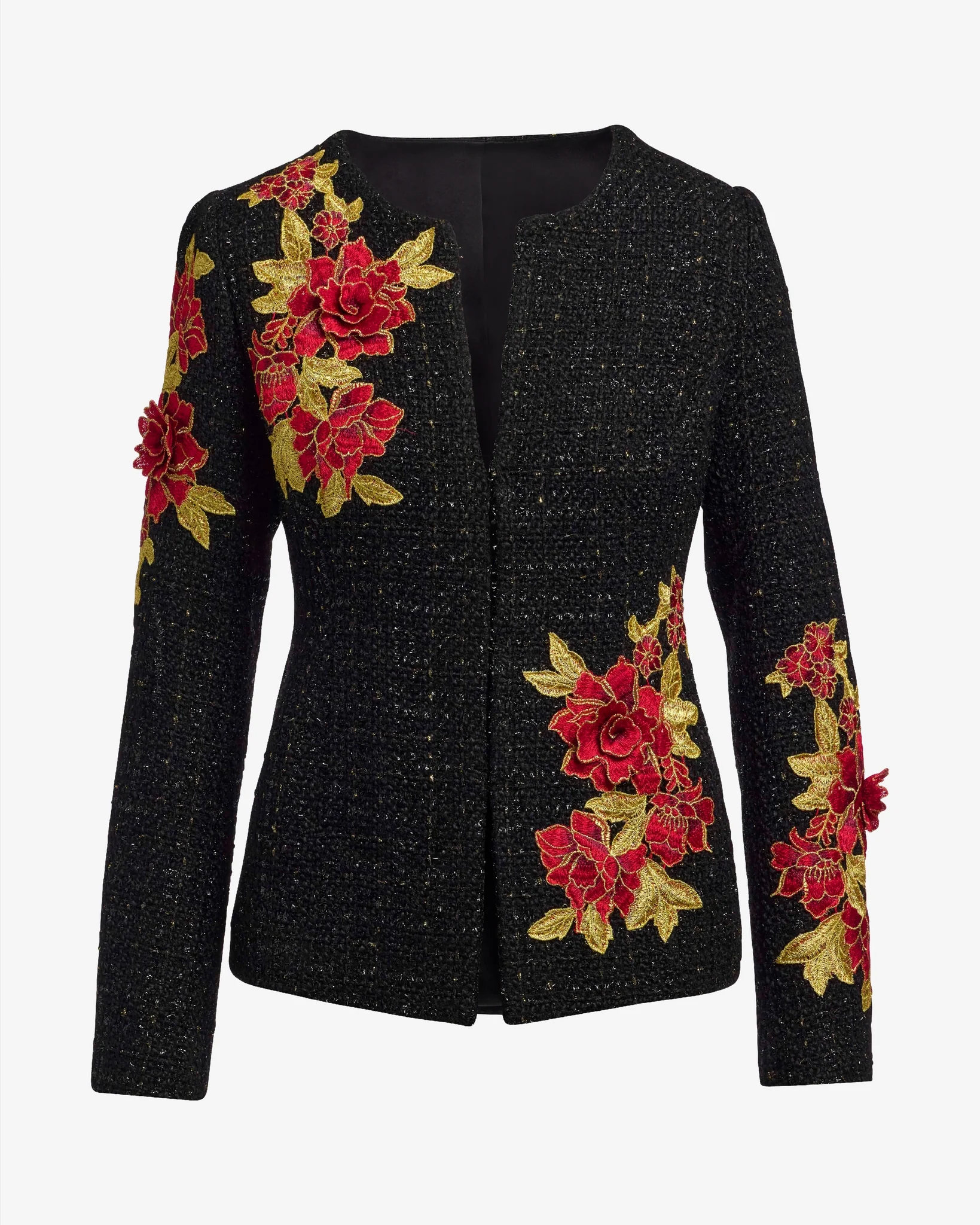 Rose Embroidered Tweed Lady Jacket Black Multi - Mycitystee