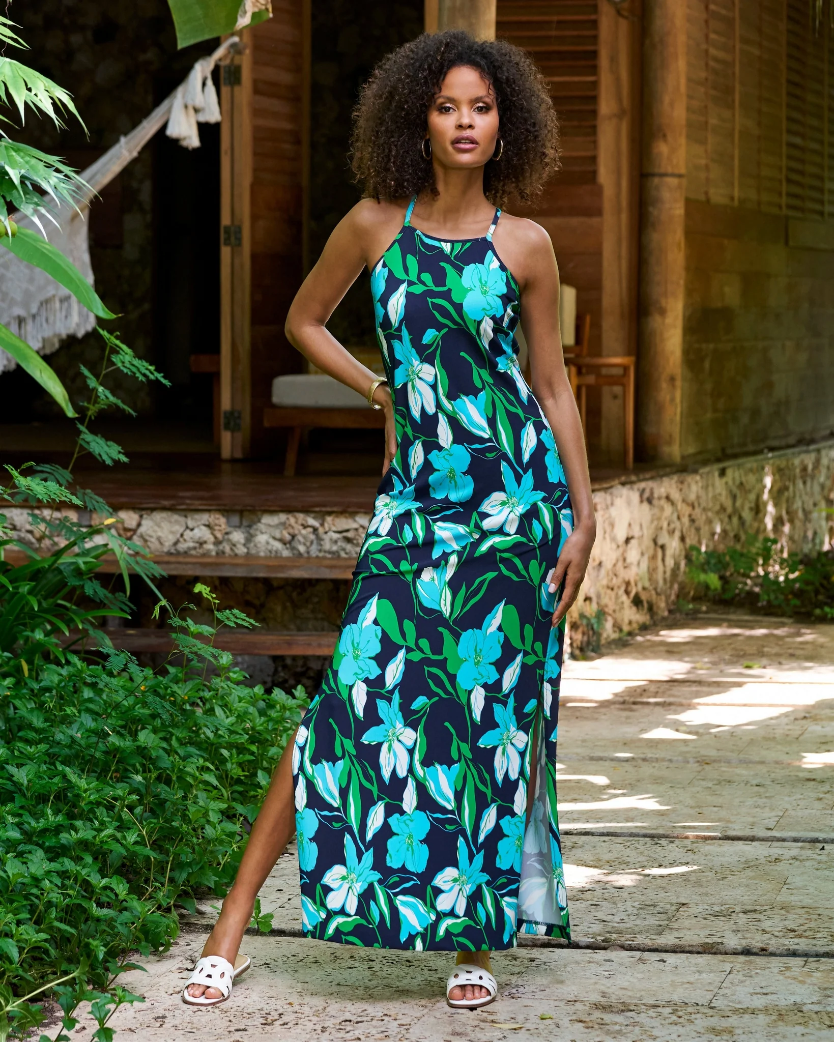 Beyond Travel Summer Lilies Navy Print High Neck Maxi Dress Maritime Navy/Fern Green - Mycitystee