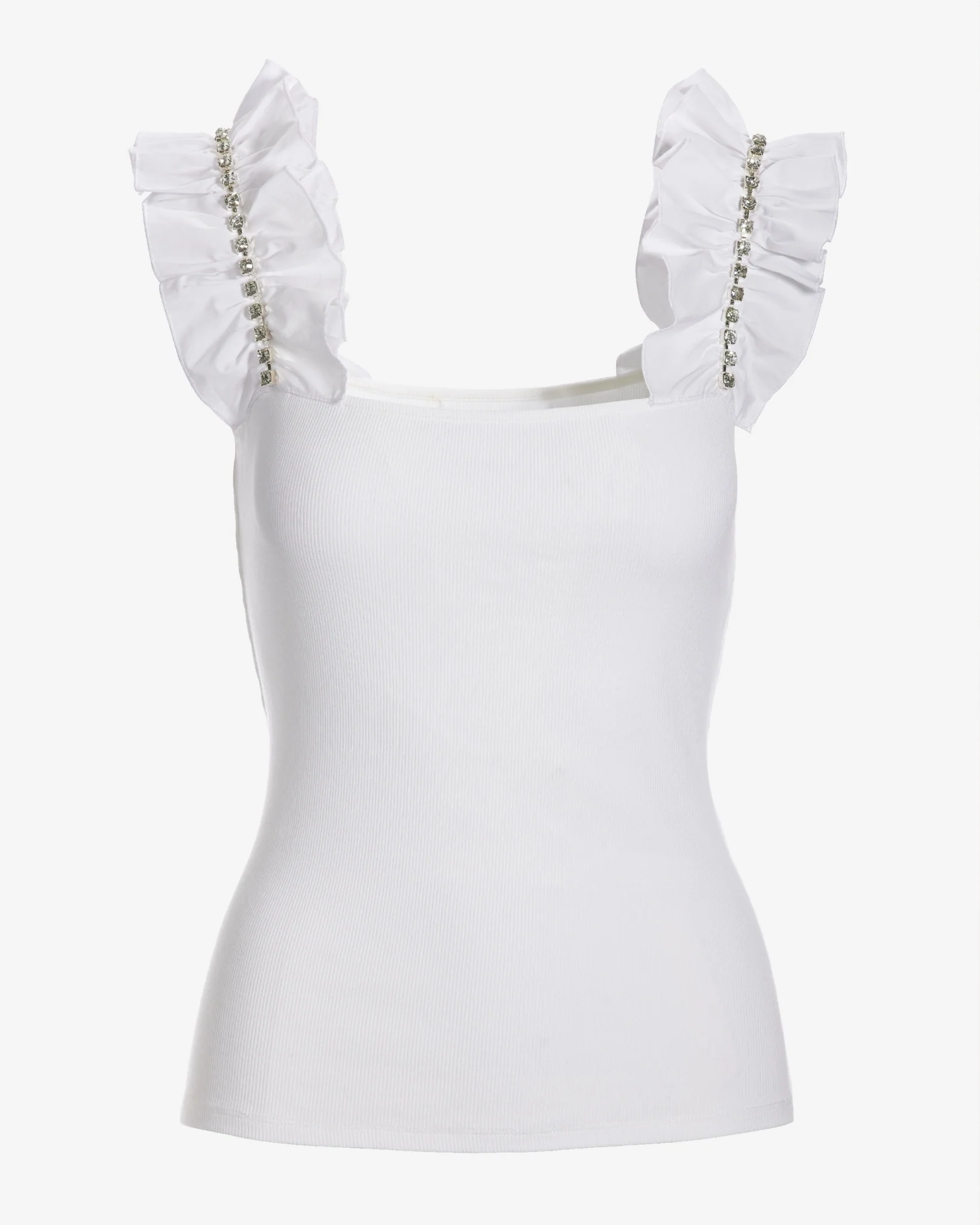 Rhinestone Ruffle Sleeve Tank Top Pure White - Mycitystee