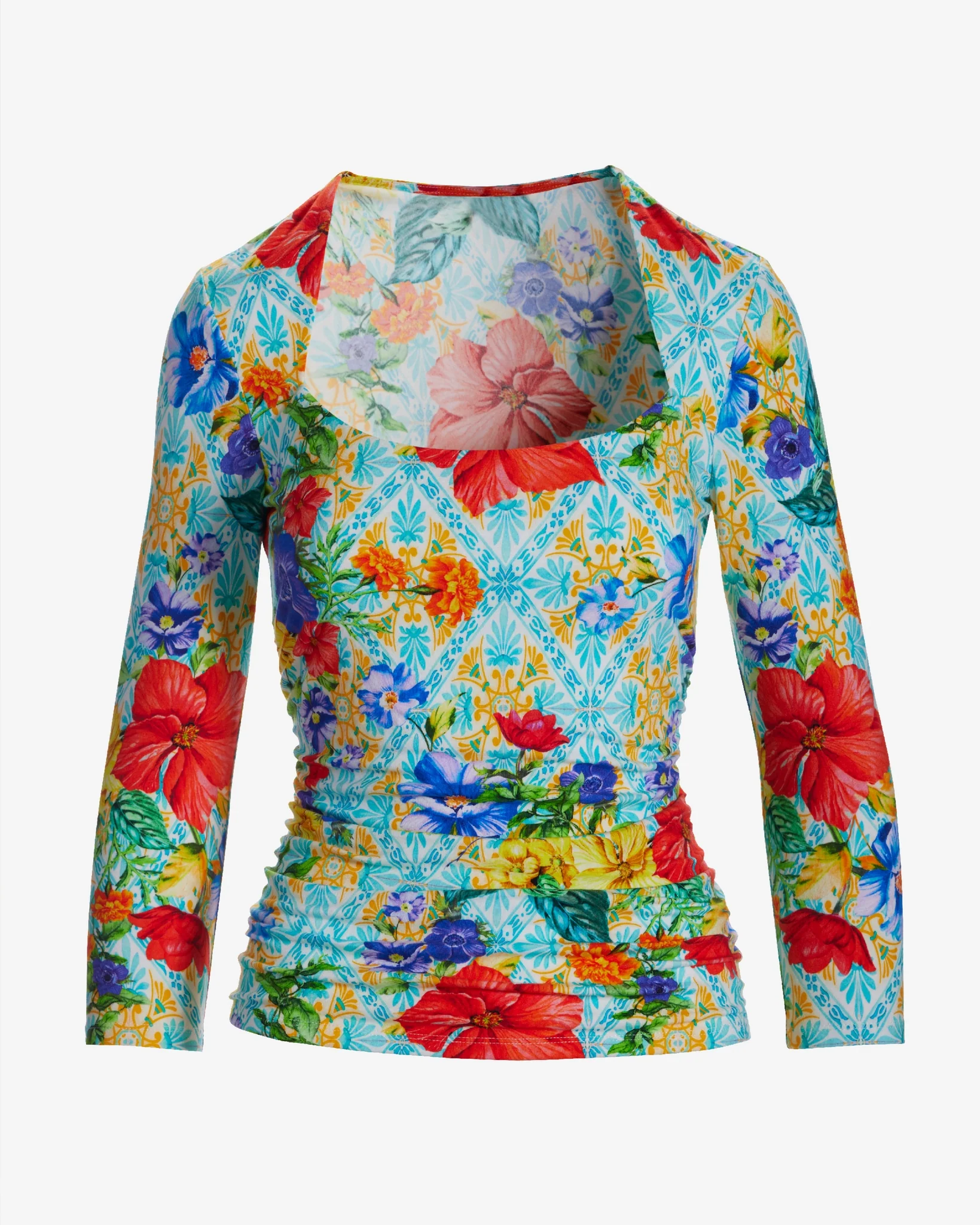 So Sexy Ruched Three Quarter Sleeve Print Top Amalfi Tiles - Mycitystee