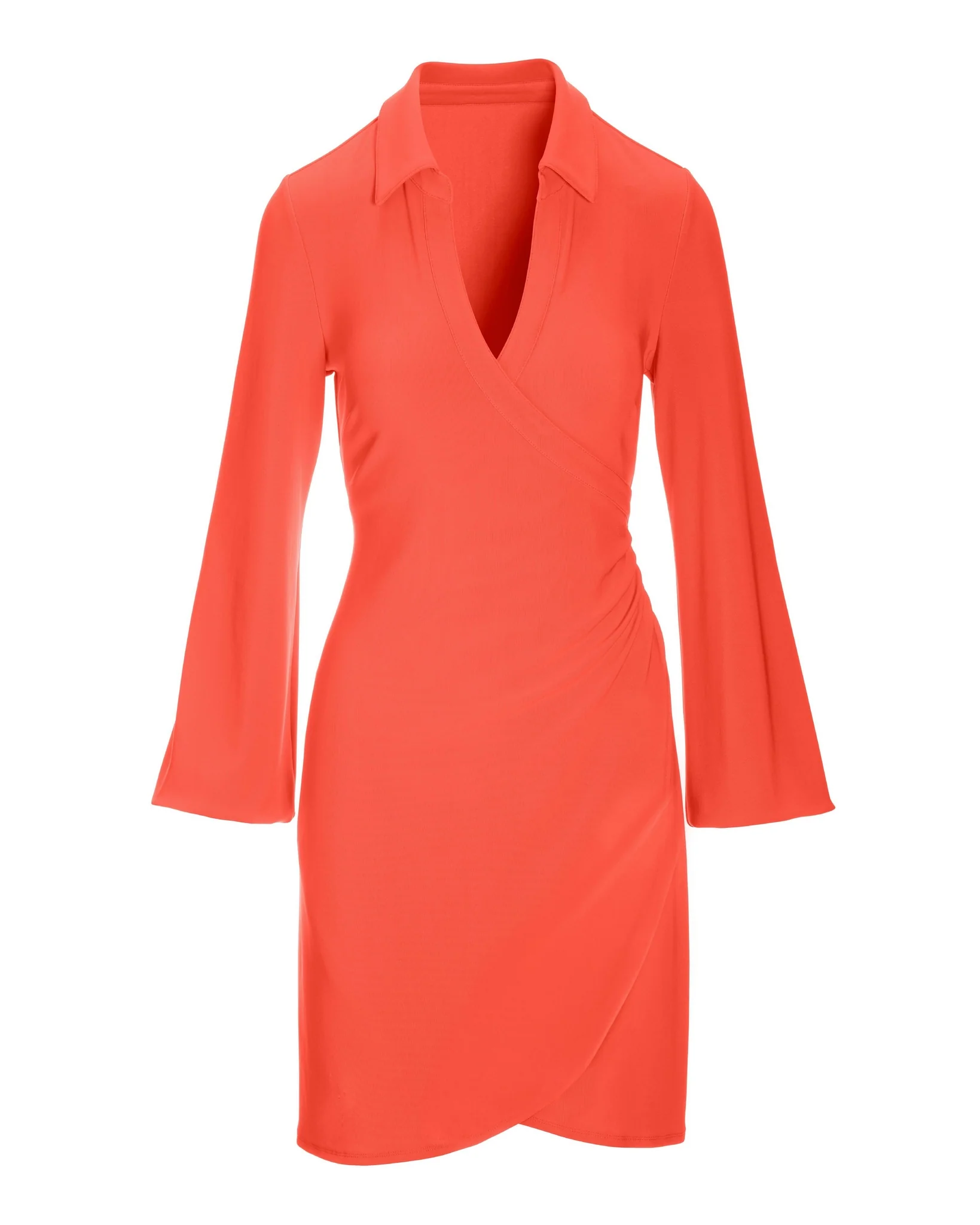 Beyond Travel Long-Sleeve Collared Wrap Dress Hot Coral - Mycitystee