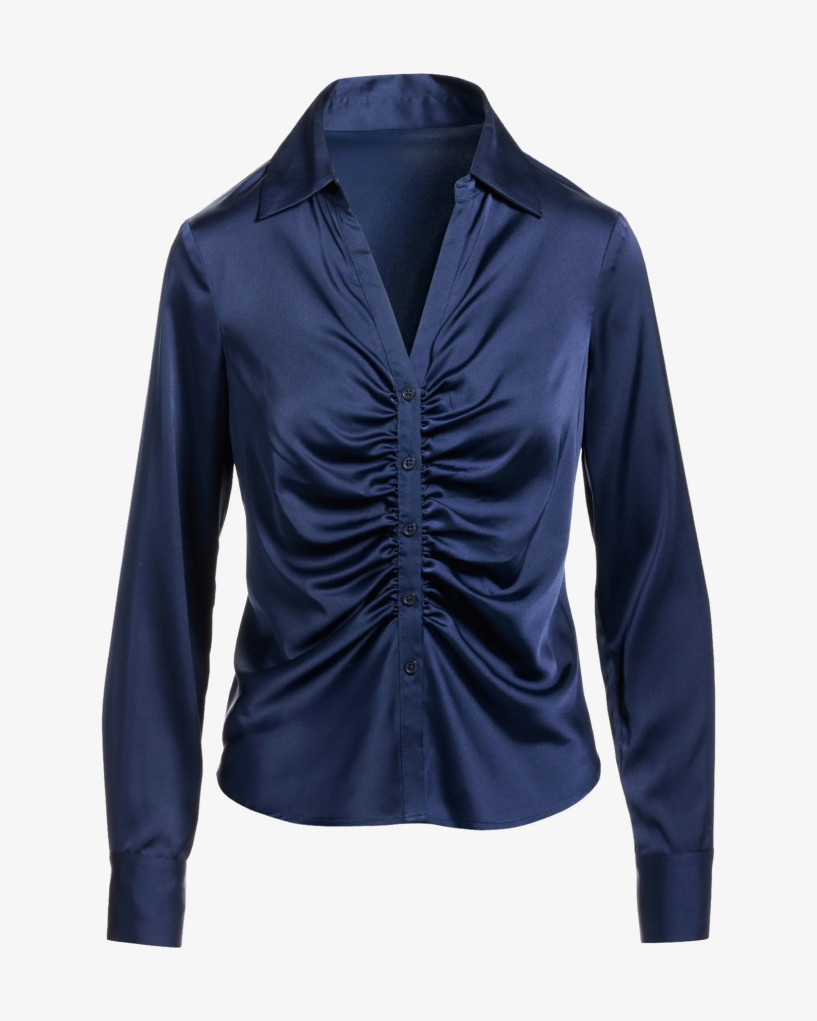 Jessie Charmeuse Ruched Center Front Button Up Shirt Navy - Mycitystee