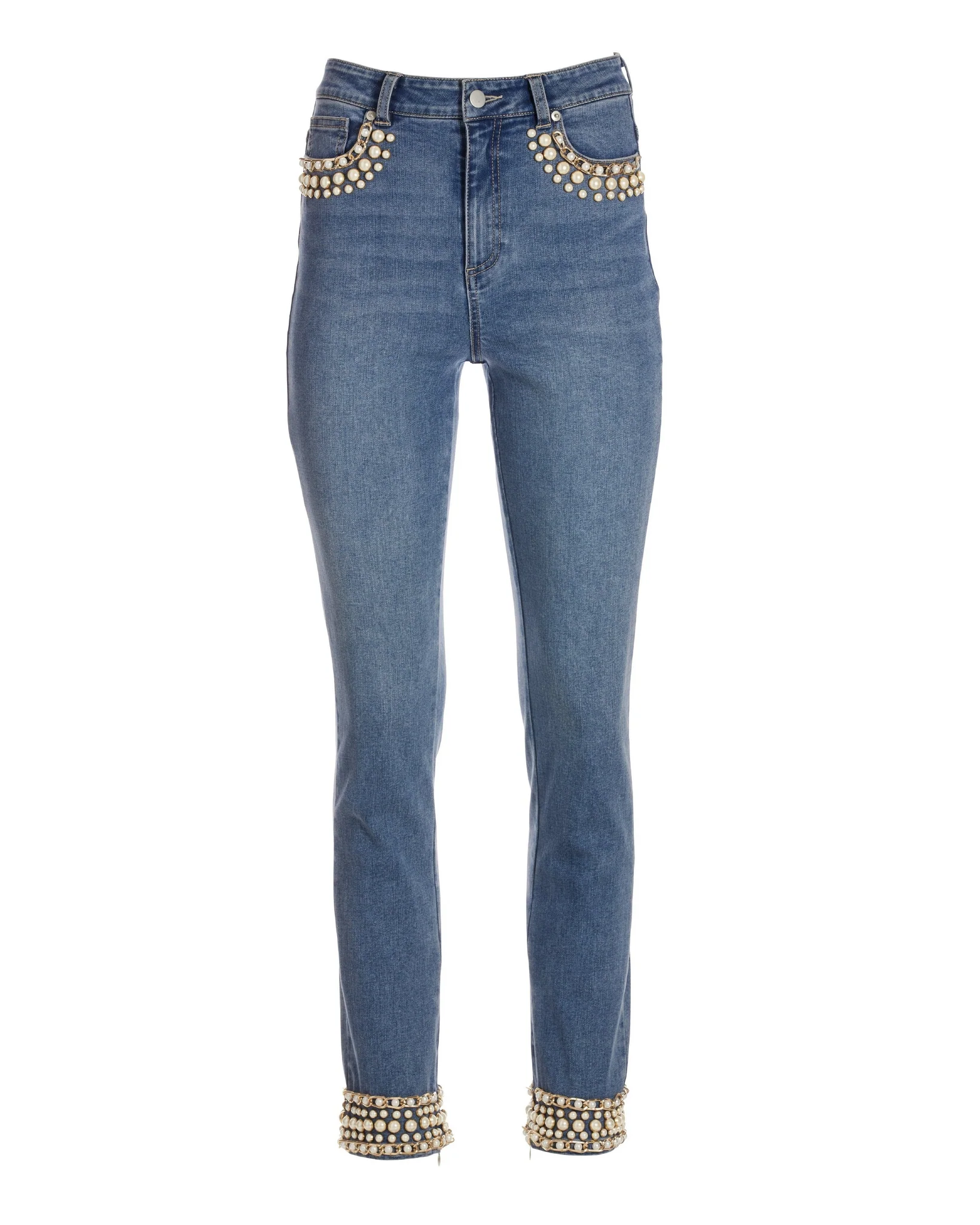 Pearl and Chain Embellished Ankle Jean Light Med Wash - Mycitystee