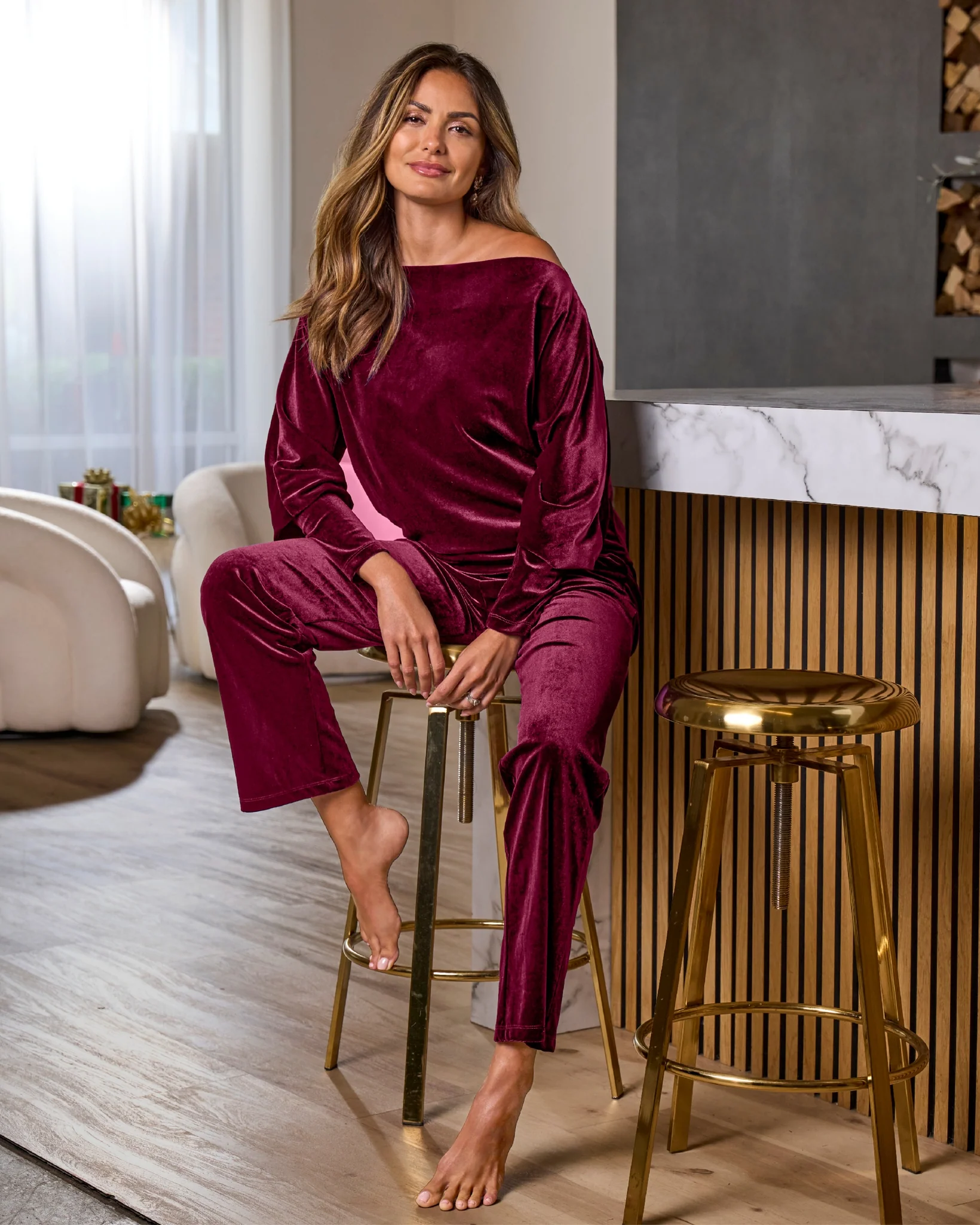 Chic Velour Slouchy and Wide Leg Lounge Set Wine - Mycitystee