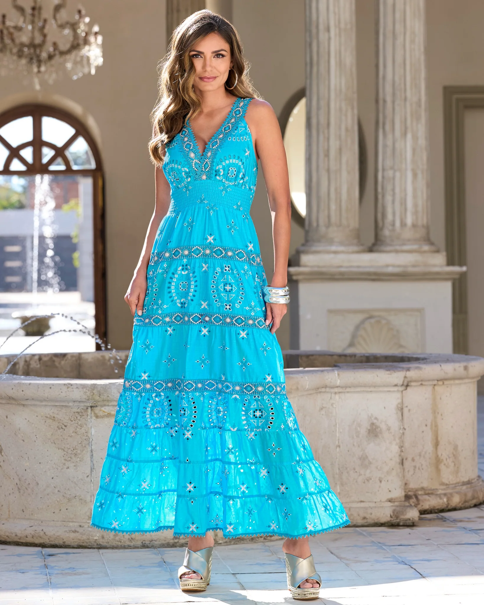 Metallic Lace-Inset Eyelet Maxi Dress Bachelor Button - Mycitystee